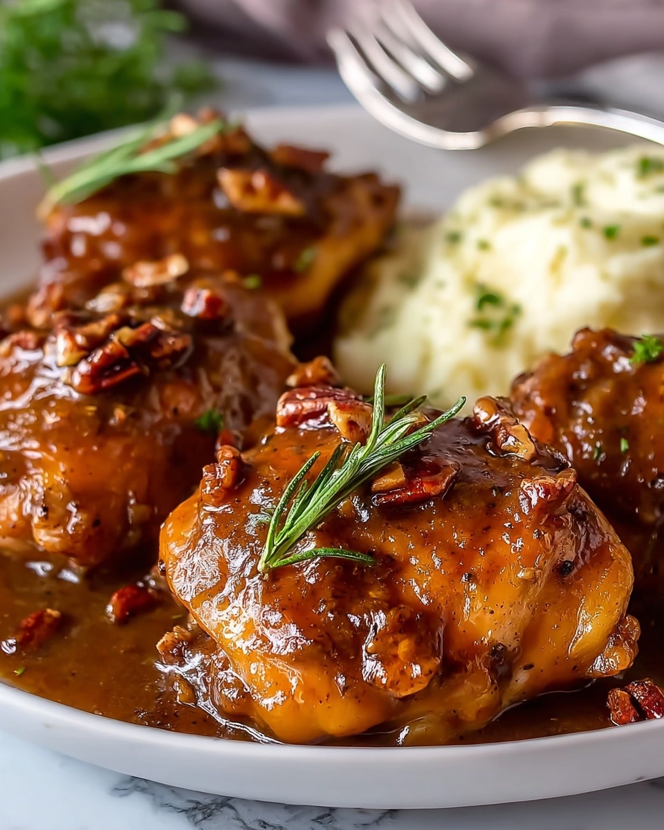 A close-up image of three glazed chicken thighs covered in a shiny, rich brown sauce with small pieces of pecans scattered on top and around them, garnished with a small sprig of fresh green rosemary on the front piece. In the background on the right side, there is a white plate with creamy mashed potatoes and a silver fork resting on it against a white marbled surface. The chicken skin is golden brown with a slightly crispy texture under the sauce. Photo taken with an iphone --ar 4:5 --v 7