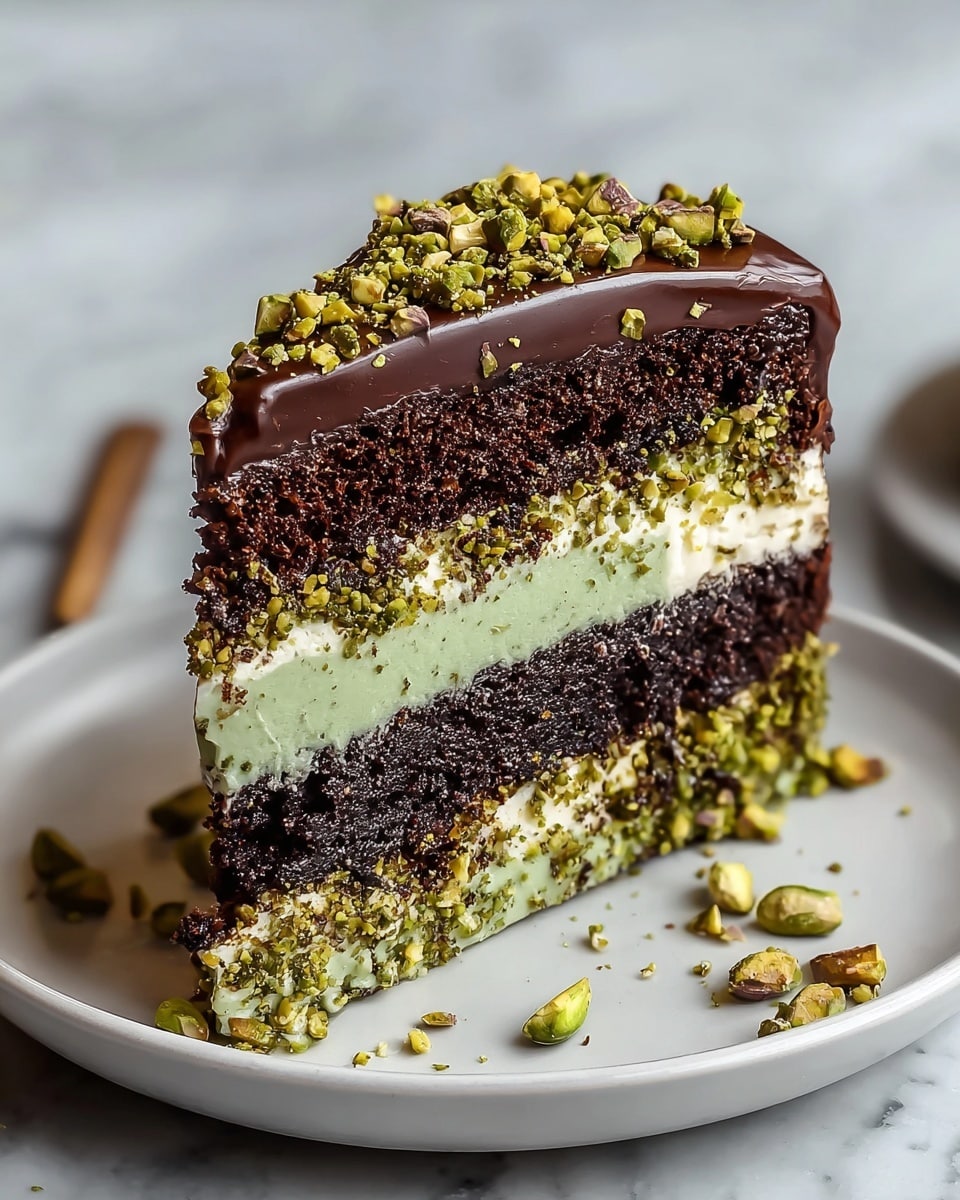 A slice of layered chocolate pistachio cake on a white plate, showing four main layers: the top and bottom layers are dark, moist chocolate cake; the second layer from the top is white cream with chopped pistachios mixed in; the third layer is a light green pistachio-flavored creamy filling; the cake is covered in glossy dark chocolate ganache dripping slightly down the sides, topped with chopped pistachios. Some pistachio pieces are scattered on the plate, and the background is a white marbled texture. Photo taken with an iphone --ar 4:5 --v 7