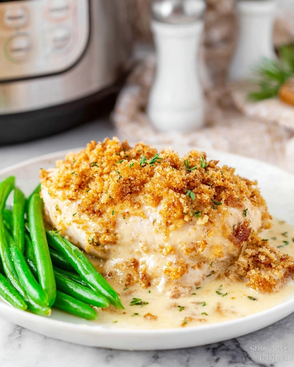 A white plate holds a creamy, baked chicken breast topped with a golden brown crumbly crust that looks crunchy and seasoned with herbs, resting on a thick layer of creamy sauce with visible bits of cooked onions or garlic around the chicken. Next to the chicken, there is a small pile of bright green steamed green beans, smooth and firm in texture. The plate sits on a white marbled surface, with a slow cooker and some white salt and pepper shakers blurred in the background. photo taken with an iphone --ar 4:5 --v 7