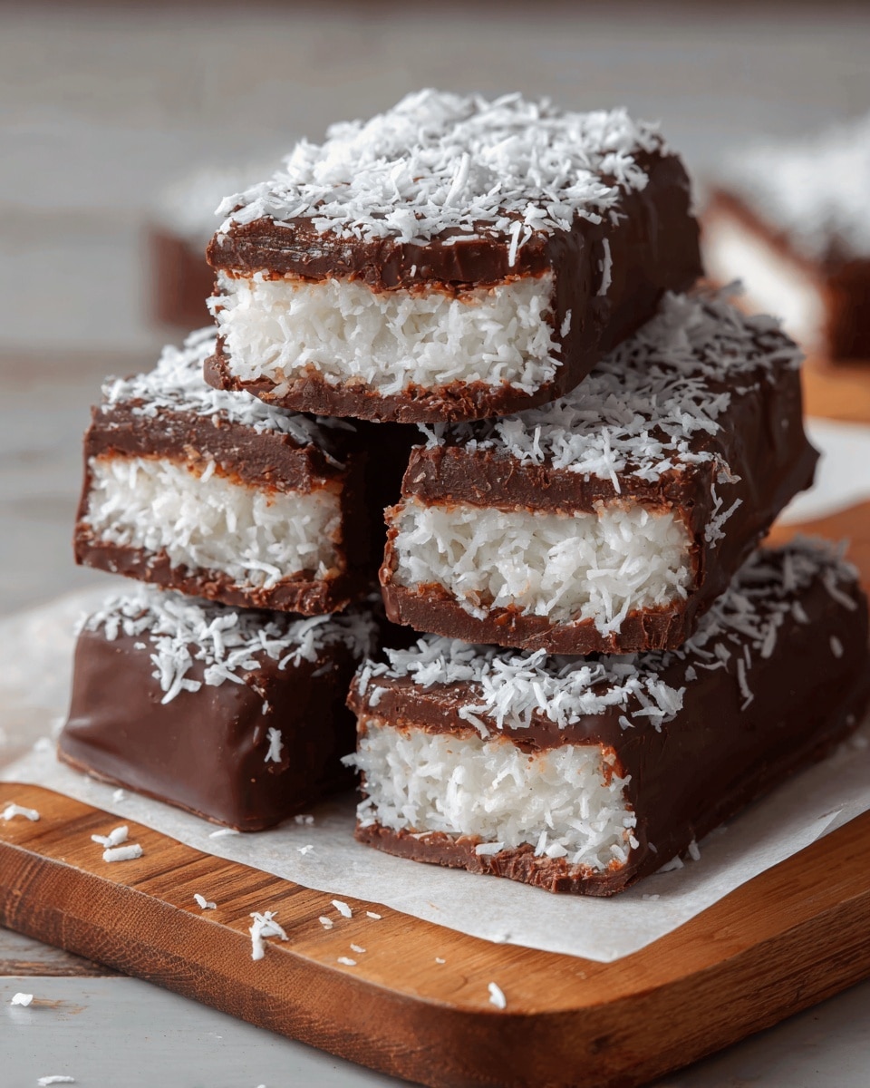 The image shows a stack of four chocolate-covered coconut bars resting on a piece of parchment paper on a wooden board. Each bar has three visible layers: a bottom layer of white, shredded coconut filling with a rough texture, a middle thin layer of dark brown chocolate coating covering most of the coconut, and a top layer sprinkled generously with white coconut flakes. The bars have straight edges with a smooth chocolate coating, except for the sprinkled coconut on top. Two bars in the front have bites taken out, showing the thick coconut layer inside. The background has a blurred white marbled texture. photo taken with an iphone --ar 4:5 --v 7