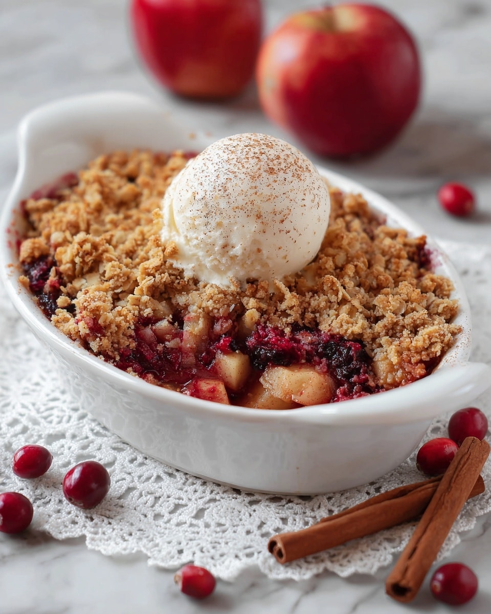A white oval ceramic dish holds a baked dessert with three visible layers: a bottom layer of mixed dark red and purple fruit filling, a middle layer of chunky apple pieces peeking through the fruit, and a top layer of golden brown crumbly oat streusel. On top of the streusel sits a single round scoop of creamy white ice cream sprinkled with a light dusting of cinnamon. The dish is set on a white lace cloth over a white marbled surface, with a few fresh red cranberries placed around it and two cinnamon sticks resting to the right side. In the background, there are two whole red apples slightly blurred. photo taken with an iphone --ar 4:5 --v 7