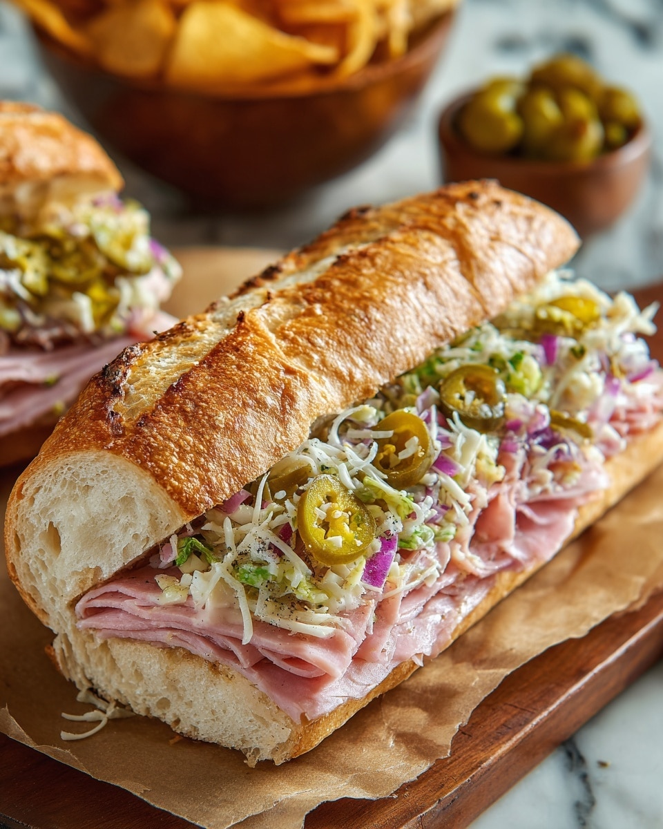 A toasted baguette sandwich with a crispy golden brown crust and soft white inside is filled with several layers of thinly sliced pink ham at the bottom, topped with finely shredded white cheese mixed with small bits of green, yellow, and purple vegetables including jalapeños and onions, creating a colorful and textured top layer. The sandwich rests on brown parchment paper on a wooden board, with blurred potato chips and a wooden bowl of pickles in the white marbled background. Photo taken with an iphone --ar 4:5 --v 7
