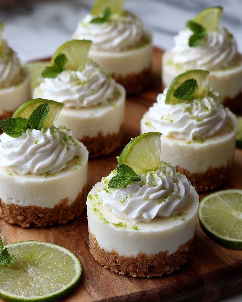 This image shows several small round key lime cheesecakes placed closely together on a wooden board. Each cheesecake has two clear layers: a thick bottom crust made of crushed graham crackers which is light brown and crumbly, and a smooth, creamy white cream cheese layer on top. On each cheesecake there is a swirl of white whipped cream, topped with a green lime slice and a small fresh mint leaf, adding vibrant green accents. Some lime zest is sprinkled over the whipped cream for extra texture and color. Around the cheesecakes are extra lime wedges showing juicy light green flesh. The background is a white marbled texture photo taken with an iphone --ar 4:5 --v 7