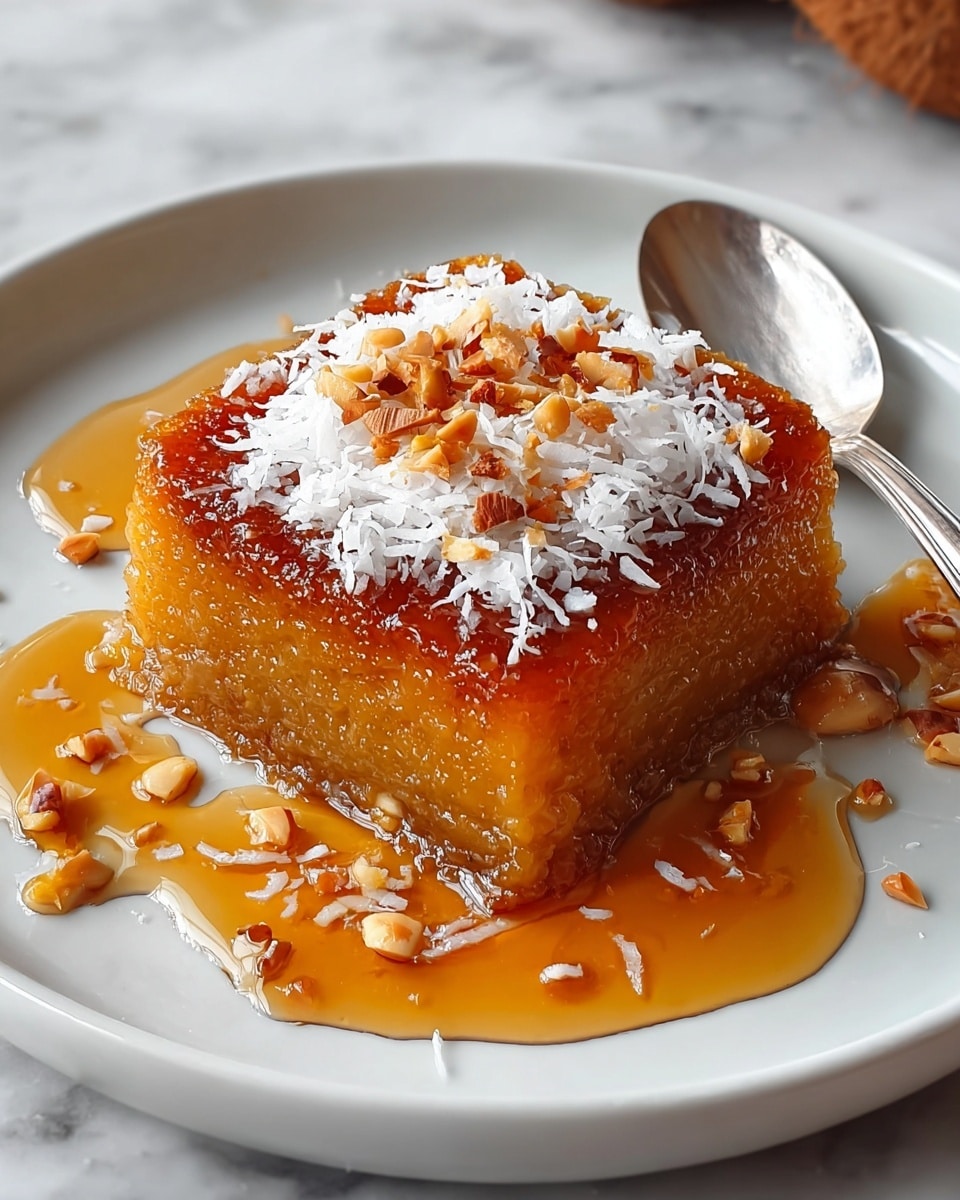 A single square piece of golden-brown dessert sits in the center of a white plate, with a caramelized top layer that looks slightly crispy. The dessert has a moist, dense texture on the sides. On top, there is a generous pile of white shredded coconut mixed with small pieces of toasted nuts, adding a crunchy texture. Around the dessert, there is a thick drizzle of amber-colored syrup that pools lightly on the plate. A silver fork rests beside the dessert on the plate. The background shows a white marbled texture. photo taken with an iphone --ar 4:5 --v 7