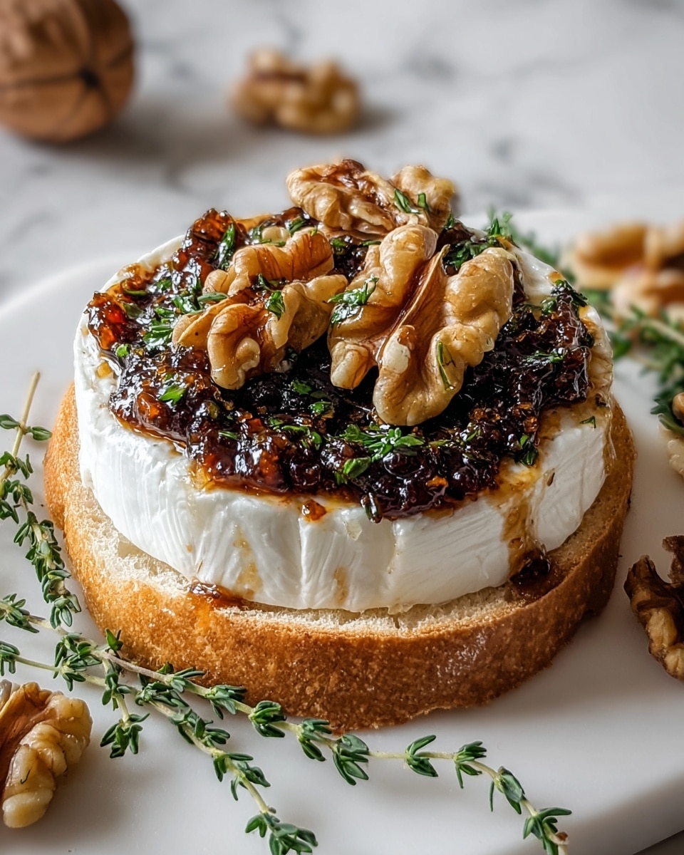 A round toasted bread base with a golden brown crust holds a thick layer of soft, white creamy cheese with a smooth texture. On top of the cheese, there is a dark, glossy layer of fig jam mixed with chopped herbs, adding a textured and shiny look. Several halves of light brown walnuts are arranged on the jam, some whole and some broken, giving a rough, natural appearance. Sprigs of fresh green thyme are placed around and on top of the dish, adding a fresh touch. The spread is served on a white plate set on a white marbled surface with scattered walnut pieces and thyme sprigs around it. photo taken with an iphone --ar 4:5 --v 7