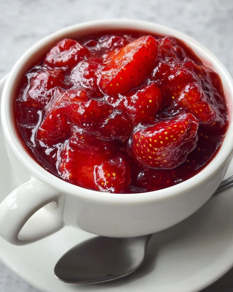 A close-up image of a white cup filled with chunky strawberry jam, showing a mix of large, whole strawberry pieces and smaller crushed bits in a thick, glossy red syrup. The jam’s texture is sticky and juicy, with visible tiny yellow seeds on the strawberries. The white cup sits on a white saucer with a spoon resting beside it. The background is a white marbled texture. photo taken with an iphone --ar 4:5 --v 7