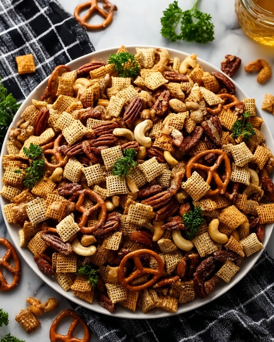 A large white plate is filled with a mix of snacks including square golden cereal pieces, whole pecans, cashews, crunchy pretzels, and round peanuts, all mixed together with small green herb sprigs scattered on top. The snack mix shows different textures like the roughness of the nuts, the woven look of the cereal, and the smooth twists of the pretzels. The plate sits on a white marbled surface with a gray and white checkered cloth partially visible on the side. Photo taken with an iphone --ar 4:5 --v 7