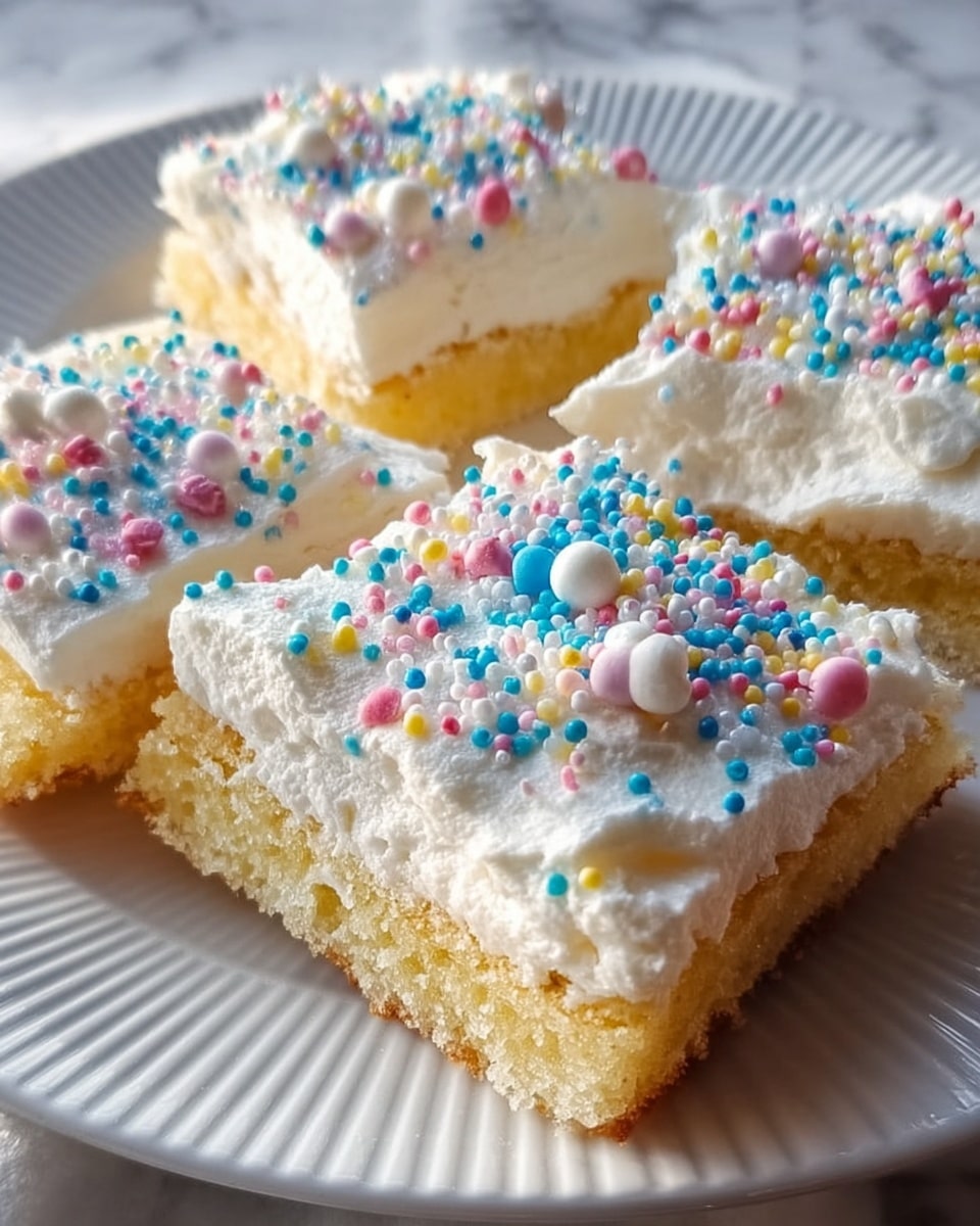 The image shows four square pieces of cake on a white plate with a soft ridged pattern, placed on a white marbled surface. Each square has two layers: a bottom layer of light golden yellow cake with a slightly crumbly texture, and a thick top layer of fluffy white frosting spread unevenly. The frosting is decorated with small, round, colorful sprinkles in blue, pink, yellow, and white scattered all over. Soft daylight highlights the texture and colors, giving a fresh and inviting look. photo taken with an iphone --ar 4:5 --v 7