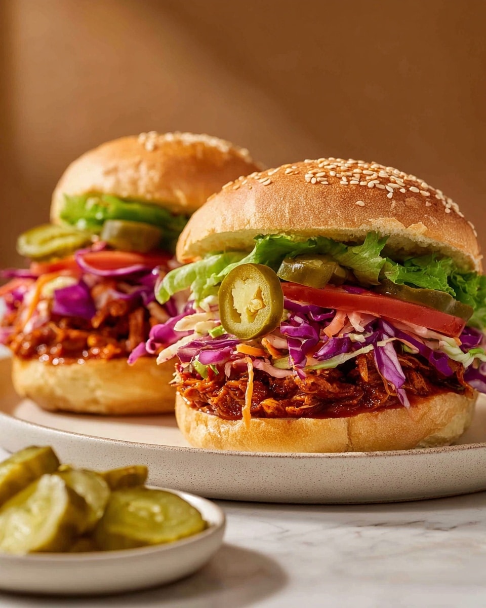 The image shows two sandwiches on a round white plate placed on a white marbled surface. Each sandwich has four visible layers: at the bottom, a soft sesame seed bun; above it, a layer of spicy reddish-brown shredded meat; next, bright green sliced jalapenos and purple cabbage slaw; then, slices of green pickles and orange tomatoes topped with fresh green lettuce and some creamy dressing. To the left of the sandwiches, there is a small white dish holding sliced pickles. In the blurred background, a glass with a golden liquid is visible. photo taken with an iphone --ar 4:5 --v 7