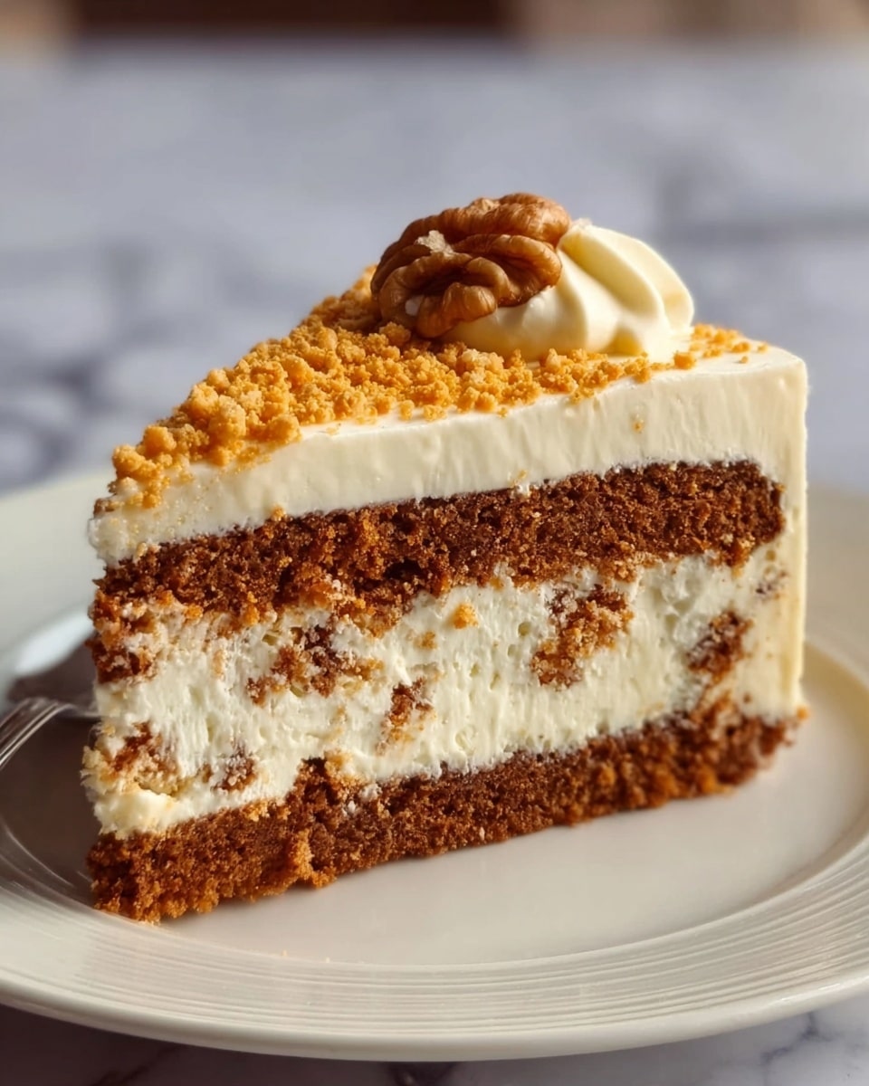 The image shows a slice of cake with three main layers. The bottom layer is dark brown and looks soft and moist. The middle layer is creamy white with uneven bits of brown cake mixed in. The top layer is a thick, smooth white cream. On top, there are small golden brown crumbs scattered and a single walnut piece placed near the back. The cake slice sits on a white plate with a simple design, placed on a white marbled surface. photo taken with an iphone --ar 4:5 --v 7