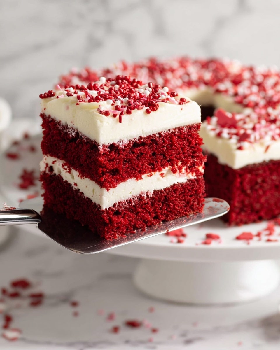 A close-up of a square piece of red velvet cake being lifted on a silver spatula from a round white cake stand. The cake slice has two thick, soft red layers with a smooth white cream layer in the middle and a thick layer of white cream on top. The top cream layer is sprinkled evenly with small round red sugar sprinkles. The background and surface are a white marbled texture with some red sprinkles scattered around. Photo taken with an iphone --ar 4:5 --v 7