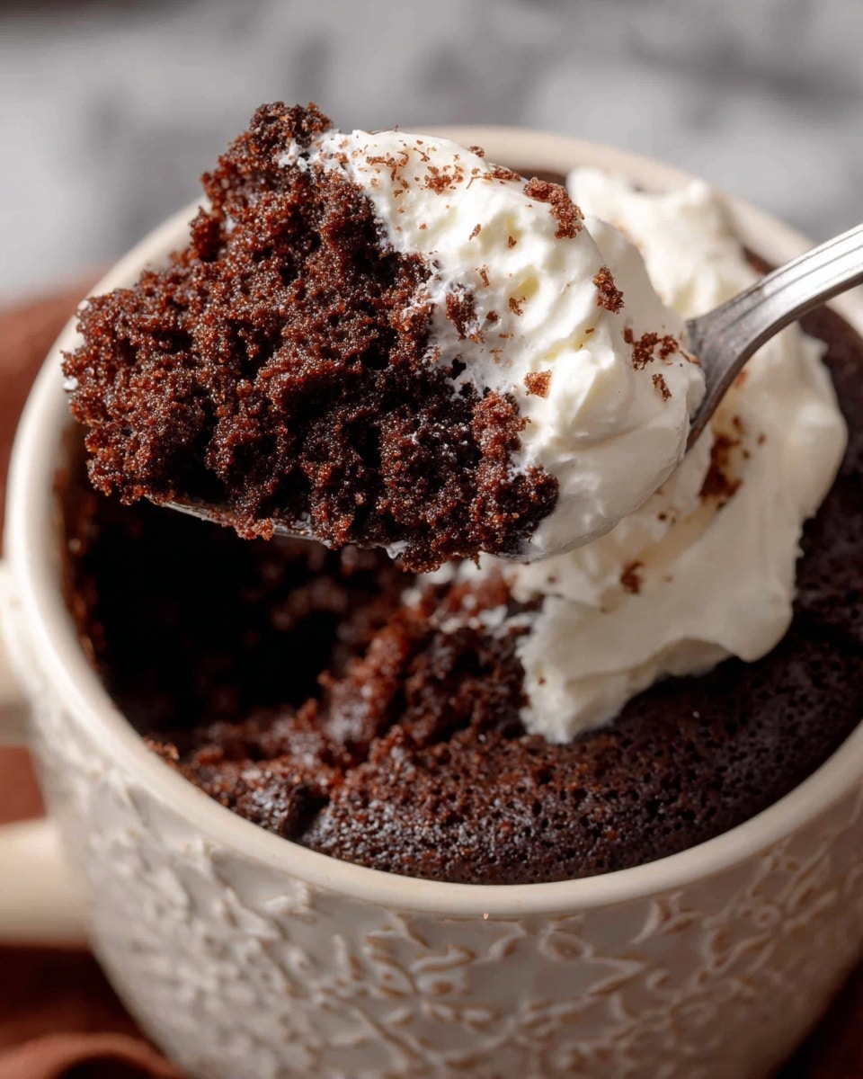 A close-up of a soft, crumbly chocolate cake in a white patterned mug, showing moist dark brown cake layers mixed with white creamy frosting inside, with a spoon lifting a scoop that highlights the cake's fluffy texture and a dollop of smooth white cream on top. The background has a white marbled texture. photo taken with an iphone --ar 4:5 --v 7