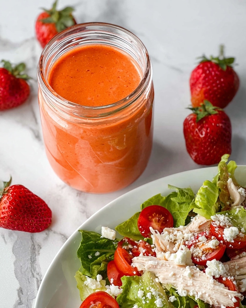 The image shows a clear glass jar filled with smooth, bright orange strawberry sauce or puree, placed on a white marbled surface. Around the jar, there are several whole strawberries with green leafy tops, adding a fresh red and green touch. Below the jar, part of a white plate is visible featuring a mixed salad with green lettuce at the base, small halves of red cherry tomatoes scattered on top, chilled shredded white chicken pieces, and a sprinkling of white crumbly cheese over everything. The colors are vibrant and natural, with a fresh and healthy look. photo taken with an iphone --ar 4:5 --v 7