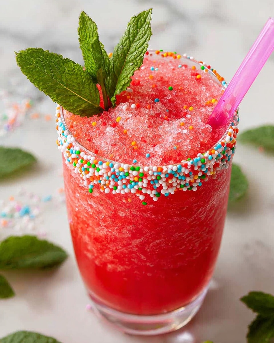 A tall clear glass filled with a bright red icy slush drink with a textured surface. The rim of the glass is covered with colorful round sprinkles in shades of orange, green, blue, white, and red. Two fresh green mint leaves rest on top of the drink near a pink straw that is inserted into the glass from the right side. The glass sits on a white marbled surface with scattered green mint leaves around it. photo taken with an iphone --ar 4:5 --v 7