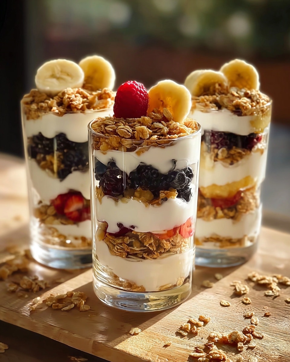 Three clear glass cups hold layered parfaits standing on a wooden table with some granola pieces scattered around. Each glass has four visible layers: the bottom layer is a mix of banana slices and mixed berries with red and black colors, followed by a creamy white yogurt layer. Above that is a crunchy golden-brown granola layer, then another layer of dark berries like blackberries and raspberries. The top layer is a thick, white yogurt topped with granola pieces, two banana slices, a raspberry, and a drizzle of honey shining in the light. The soft natural light creates a warm and fresh feeling in the image. photo taken with an iphone --ar 4:5 --v 7