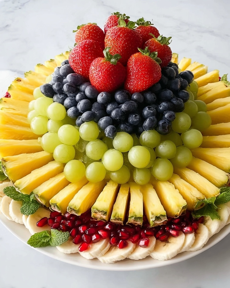 A large white plate with several layers of fruit arranged in a circle on a white marbled surface. The outer layer has bright yellow pineapple wedges with textured skins at the base forming a sunray pattern. Inside this is a row of light green kiwi slices with black seeds in the center, standing upright. Next is a mix of deep red strawberries, red grapes, and blueberries, adding pops of rich red, purple, and blue color with varied round and smooth textures. There are also small clusters of green grapes and fresh green mint leaves scattered around the top for extra color and detail. photo taken with an iphone --ar 4:5 --v 7