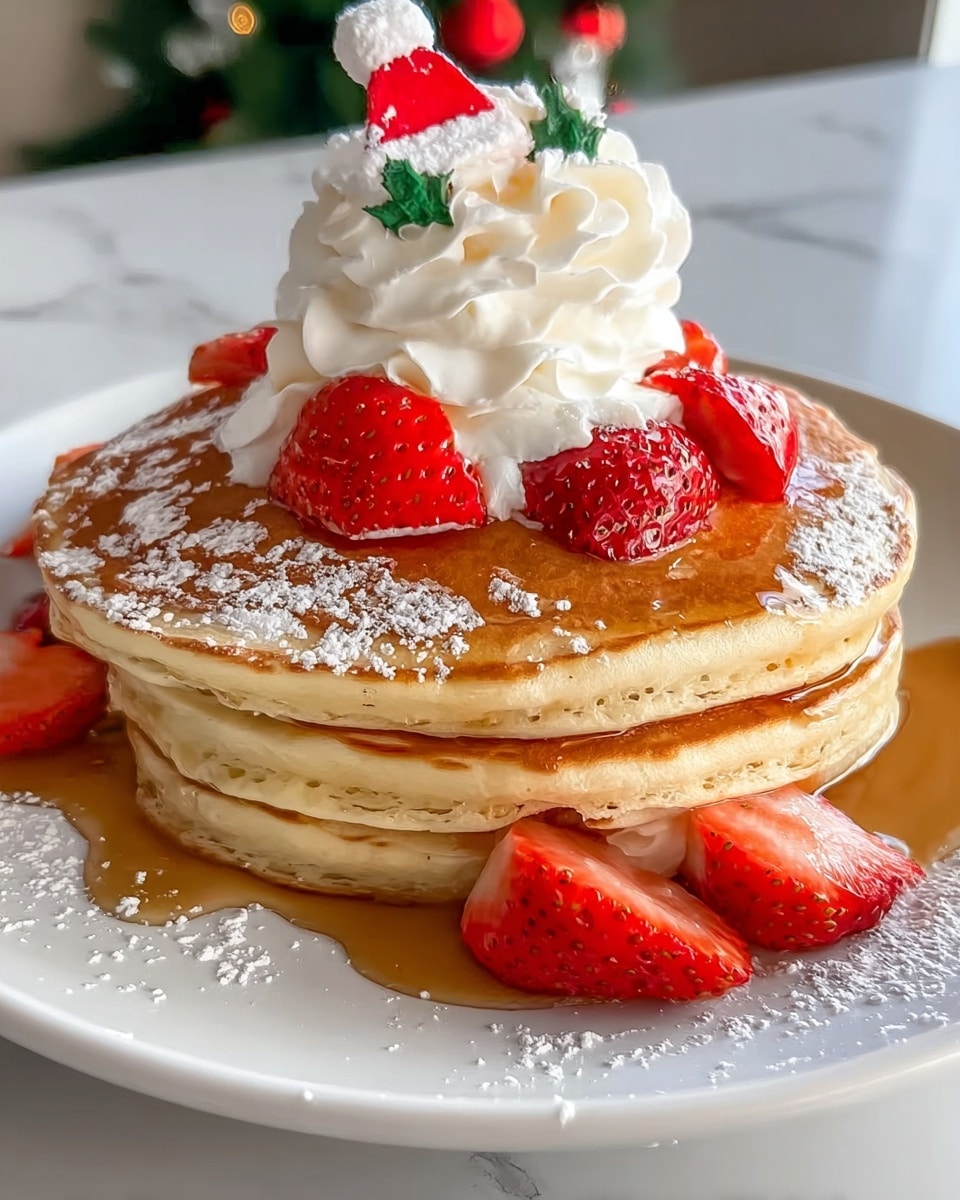 A stack of three golden brown pancakes sits on a white plate over a white marbled surface. The pancakes are thick and fluffy, with syrup dripping down the sides. On top of the pancakes, there is a swirl of white whipped cream, and around it are bright red strawberries, some sliced and some whole. A small dollop of whipped cream with a red and white decoration resembling a Santa hat adds a festive touch. The scene is bright and appetizing, with powdered sugar lightly dusted over the pancakes and strawberries. Photo taken with an iphone --ar 4:5 --v 7