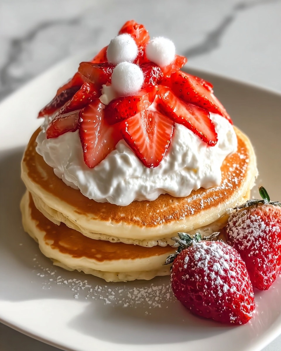 A stack of two golden brown pancakes with a soft, fluffy texture sits on a white plate, placed on a white marbled surface. On top of the pancakes, there is a thick layer of white whipped cream with a slightly uneven, airy texture. Sliced red strawberries are arranged on the whipped cream in a fan shape, adding a fresh and vibrant look. Two small white cotton ball-like decorations are placed on the strawberry slices. To the side of the pancake stack on the plate are two whole red strawberries, one dusted with white powdered sugar, adding a bright contrast. The image is clear and bright, showing the details of the food closely. photo taken with an iphone --ar 4:5 --v 7