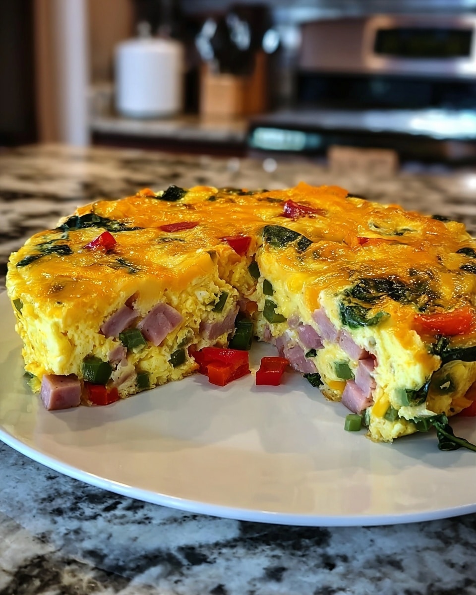 The image shows a round egg dish on a white plate, sliced to reveal three visible layers. The bottom layer has chopped green vegetables and red bell peppers, offering a mix of dark green and bright red colors. The middle layer is a thick, fluffy yellow scrambled egg mixed with diced ham pieces, which are pink. The top layer is golden brown melted cheese, slightly crisped on the edges, giving a shiny texture. The dish rests on a white marbled surface with a blurred kitchen background. Photo taken with an iphone --ar 4:5 --v 7