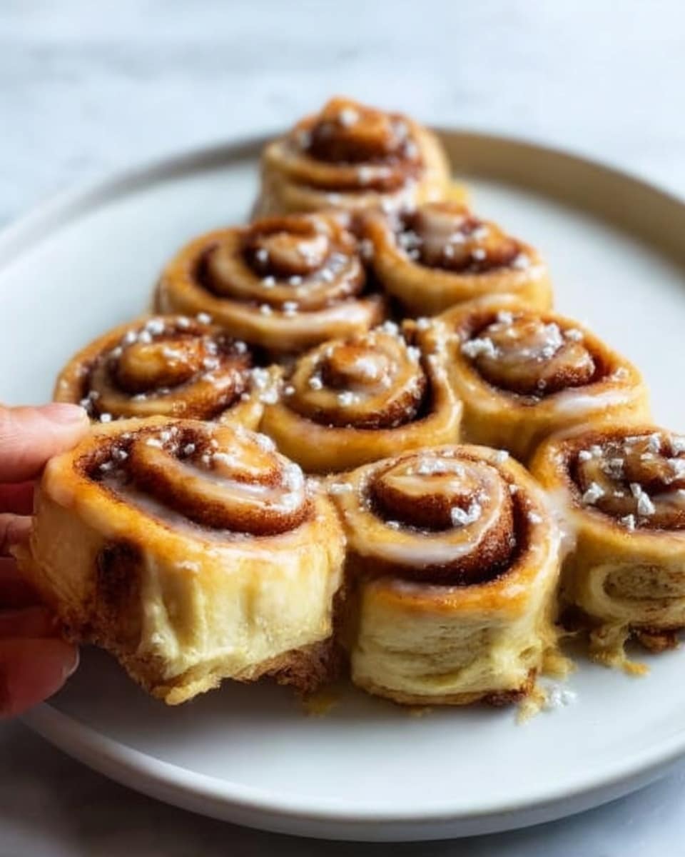 A white plate holds six cinnamon rolls arranged in a triangle shape topped with a small star-shaped piece at the top. These rolls have multiple thick layers starting with a soft, light golden dough base, followed by dark brown cinnamon swirls with a glistening caramel glaze drizzled over, which reflects light making them look shiny and sticky. The rolls show hints of light white icing draped on some sections, adding texture contrast. The surface beneath the plate is changed to a white marbled texture. Photo taken with an iphone --ar 4:5 --v 7