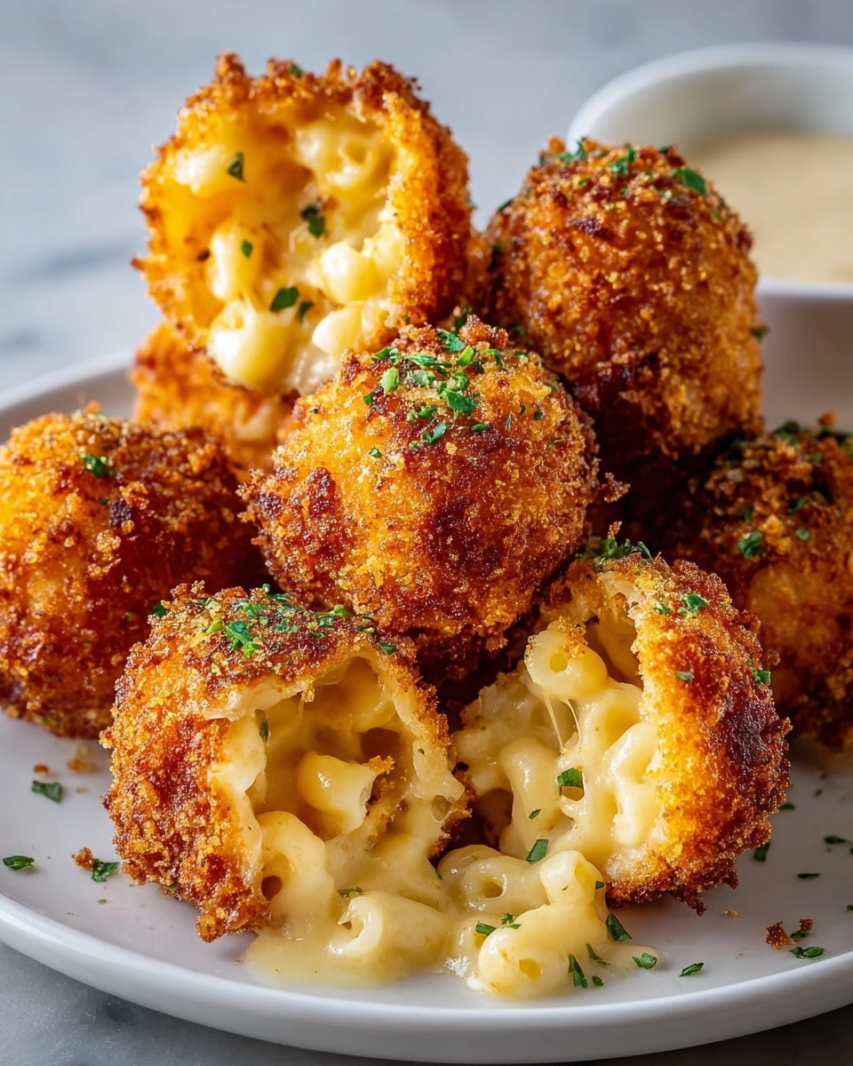 The image shows a white plate filled with golden brown, crispy fried balls that are cut open to reveal creamy, melted macaroni and cheese inside. The outer layer is crunchy and browned, with some small green herb pieces sprinkled on top, adding a fresh touch. The plate is placed on a white marbled surface, and a small white bowl with a light-colored dipping sauce is visible in the background. The close-up focus highlights the texture contrast between the crunchy outside and the soft, gooey inside of the balls. photo taken with an iphone --ar 4:5 --v 7
