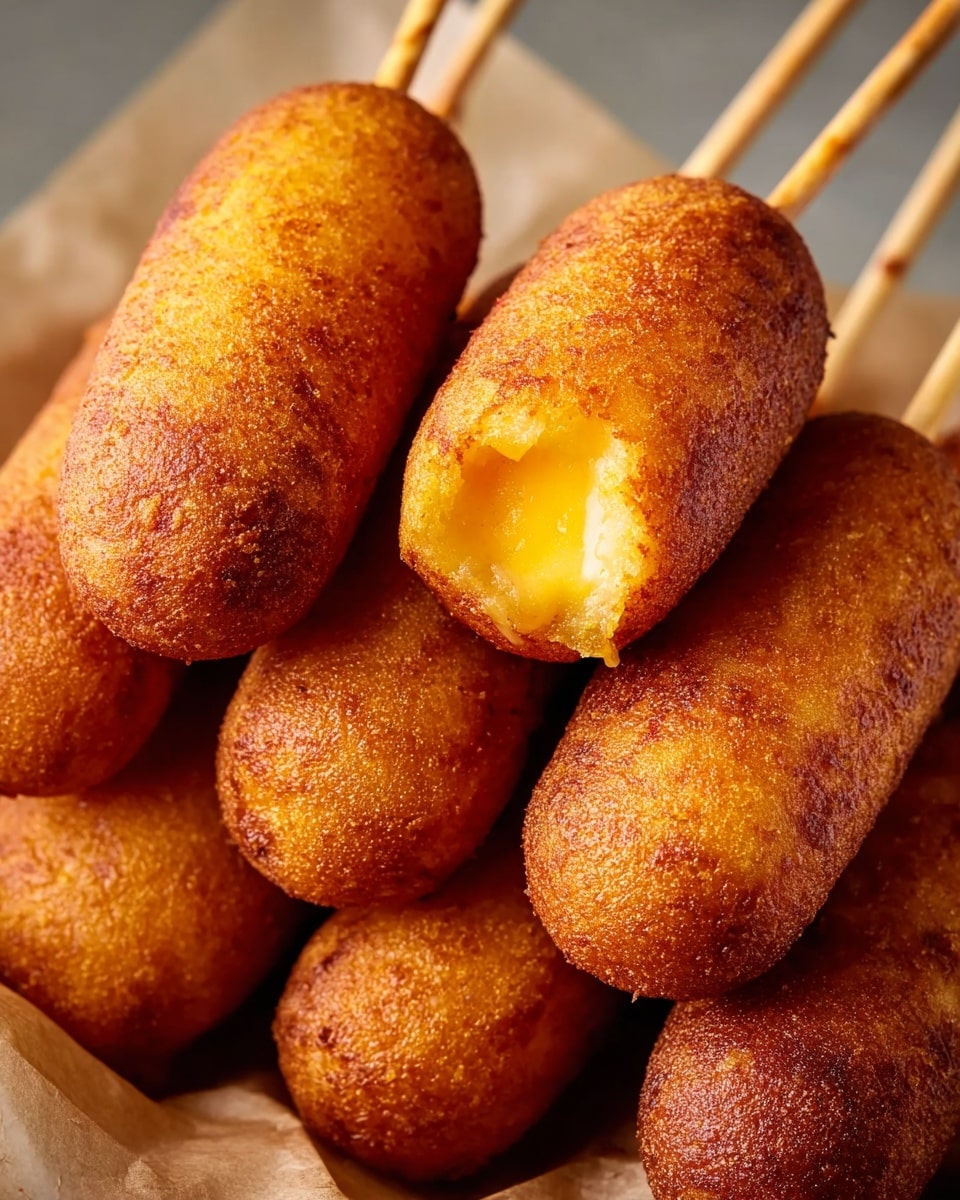 A close-up view of a group of golden brown corn dogs on wooden sticks, piled together with a slightly crispy and textured outer layer showing a warm orange hue; one corn dog at the center has a bite taken out, revealing a soft, shiny, yellow cheese interior. The corn dogs are resting on a sheet of light tan parchment paper with a smooth texture. The background is a white marbled texture. photo taken with an iphone --ar 4:5 --v 7