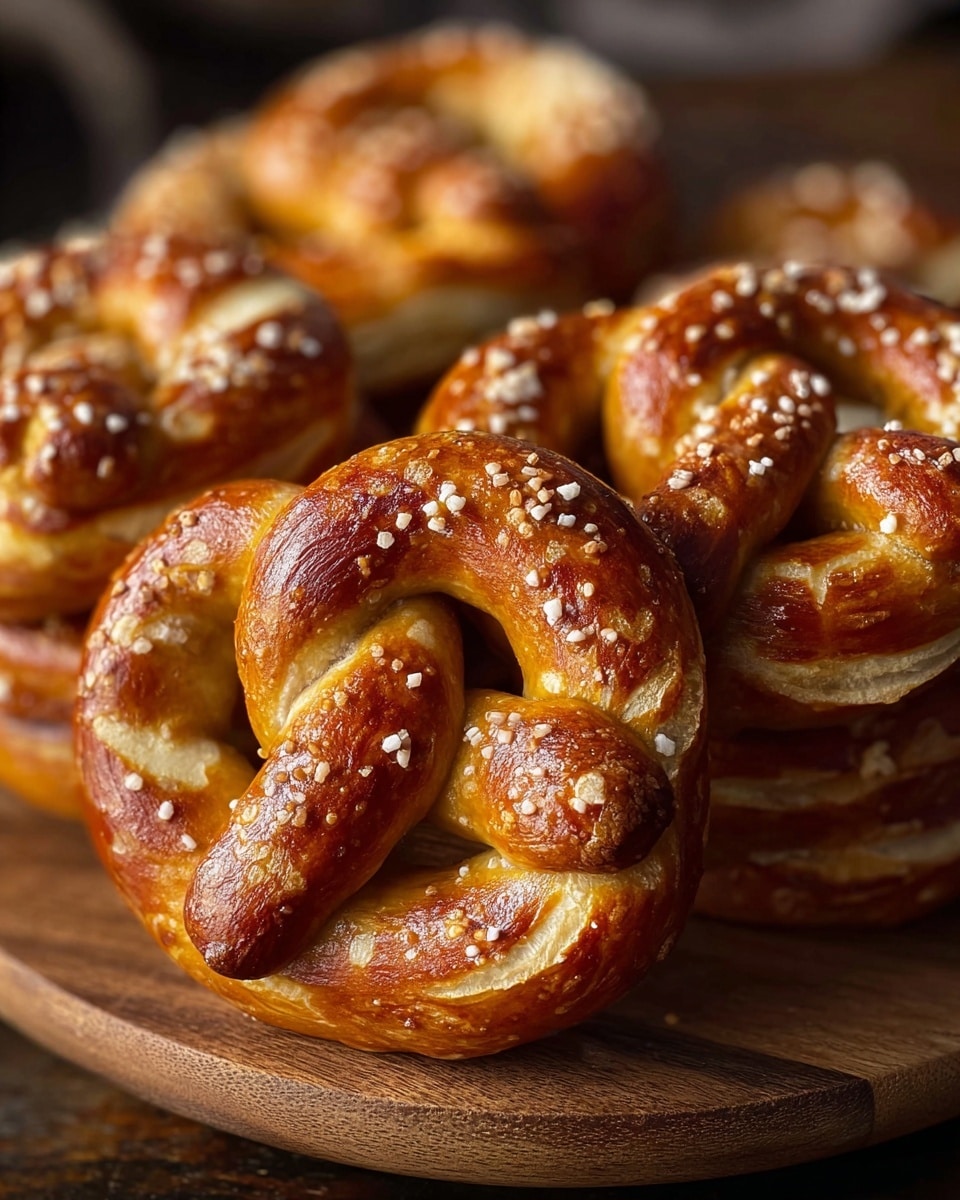 A close-up view of a group of golden brown soft pretzels stacked on a round wooden board, each pretzel featuring a smooth, shiny crust with a rich amber color and thick white salt crystals sprinkled unevenly on top. The pretzels have a twisted knot shape with some light cracks in the dough revealing a soft, fluffy interior. The background is blurred with warm, dark tones that make the pretzels stand out prominently on the wooden board. photo taken with an iphone --ar 4:5 --v 7