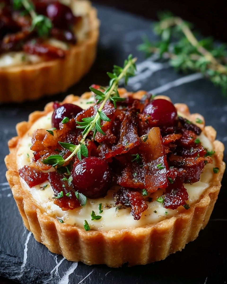 A small tart with a golden brown crust forms the base, filled with a smooth, creamy white layer. On top, crispy reddish-brown bacon pieces are spread unevenly with some scattered dark red berries and small green herb sprigs, adding contrast in color and texture. The tart is placed on a dark slate surface, with more herbs and berries around it, all set on a white marbled texture background. Photo taken with an iphone --ar 4:5 --v 7