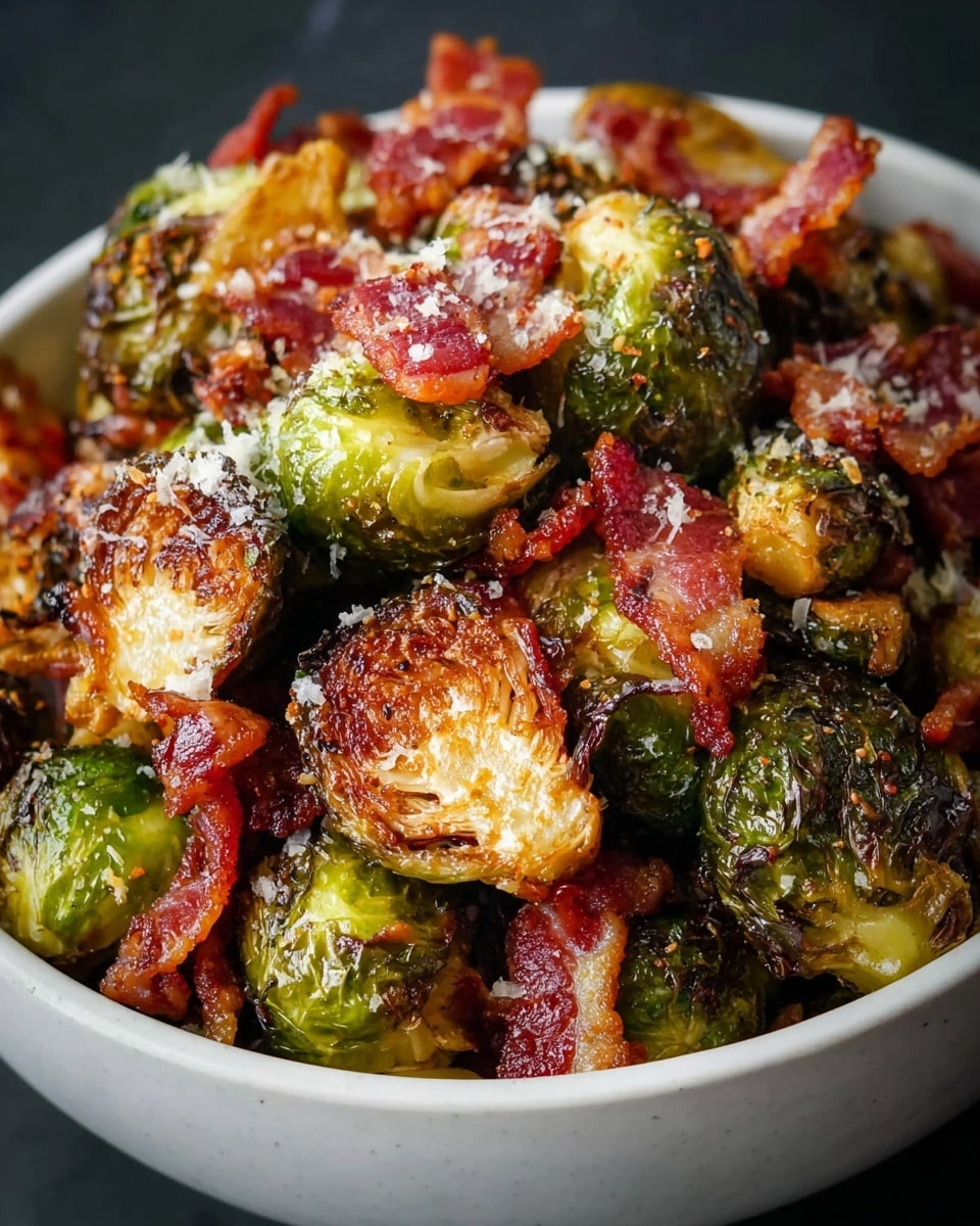 A close-up view of a bowl filled with roasted Brussels sprouts and crispy bacon pieces. The dish shows about two layers, with the base layer of browned and slightly charred Brussels sprouts in green and golden tones, showing a crispy texture on the outside. The top layer has reddish-brown, crunchy bacon strips scattered unevenly among the sprouts, with light sprinkles of grated cheese adding small white specks over the dish. The bowl is white with a smooth finish, placed on a white marbled surface. photo taken with an iphone --ar 4:5 --v 7