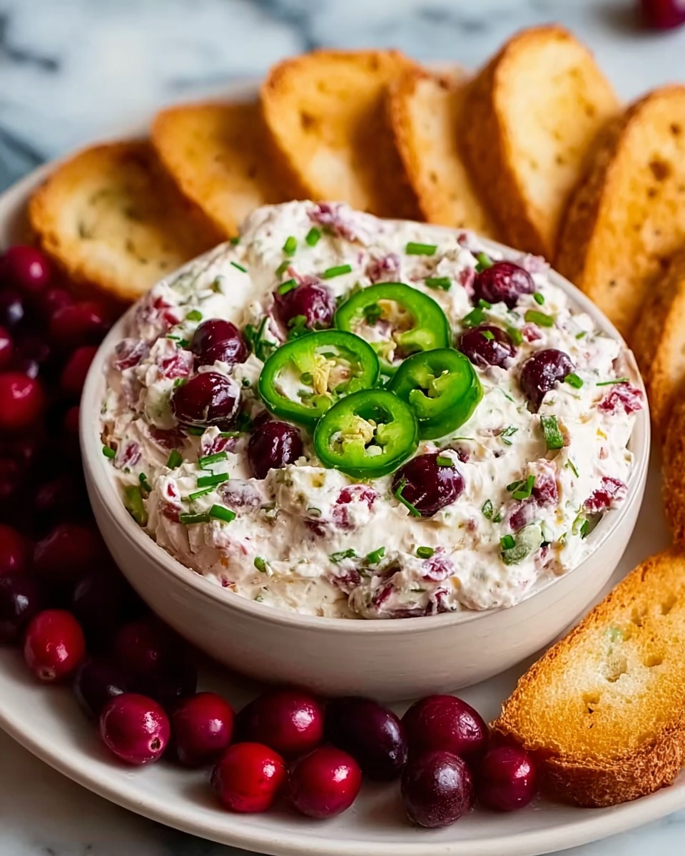 A white bowl filled with a creamy white dip mixed with small red pieces throughout, topped with three slices of bright green jalapeño and several dark red cranberries, garnished with finely chopped green herbs. Around the bowl on a plate sit whole cranberries and several golden toasted bread slices placed at the back. The scene is set on a white marbled surface. photo taken with an iphone --ar 4:5 --v 7