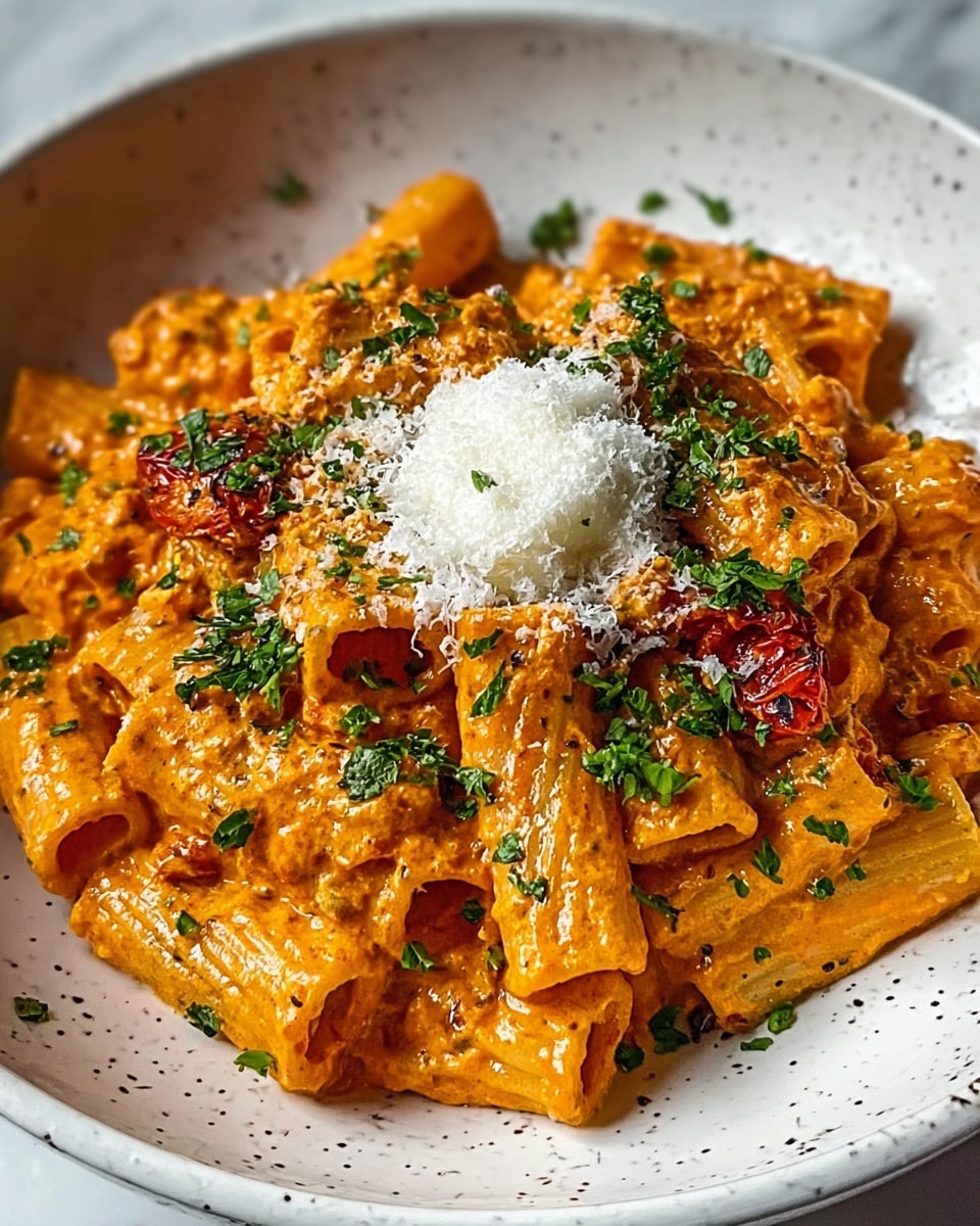 A close-up view of rigatoni pasta coated evenly with a creamy orange sauce, creating the base layer. Scattered throughout and on top are small, roasted cherry tomato pieces, adding bright red accents. Fresh green herbs are finely chopped and sprinkled generously over the pasta, giving a fresh contrast. In the center, there is a dollop of white creamy cheese topped with a few green herb pieces and a slight dusting of black pepper and grated cheese. The dish is served on a white plate placed on a white marbled texture surface. photo taken with an iphone --ar 4:5 --v 7