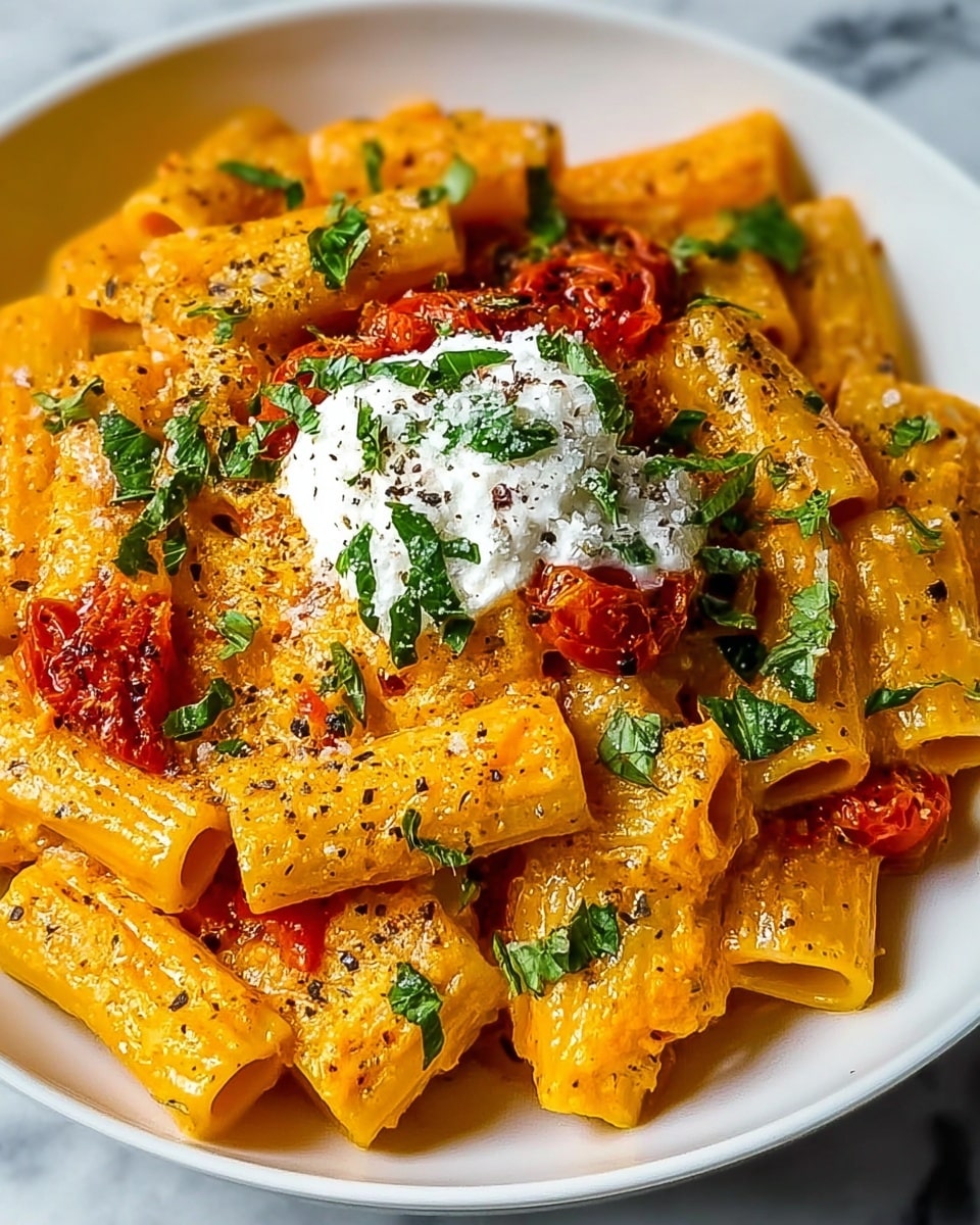 A white speckled plate holds rigatoni pasta coated in a thick, creamy orange sauce with a slightly grainy texture, mixed with small pieces of roasted red tomatoes. The pasta is topped with finely chopped green herbs scattered all around, and a central dollop of finely grated white cheese. The dish shows a mix of smooth and rough textures from the sauce, herbs, cheese, and pasta, all set on a white marbled surface. Photo taken with an iphone --ar 4:5 --v 7