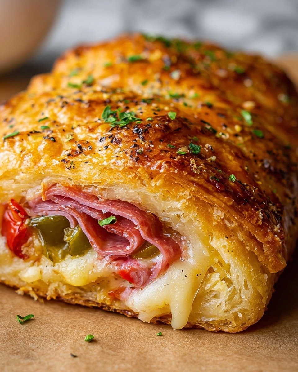The image shows a close-up of two golden brown, flaky pastry rolls with visible layers of melted white cheese, thin slices of pink ham, red tomato pieces, and a green olive slice inside. The top pastry layer is crispy and sprinkled with small green herbs, adding texture and color. The rolls rest on light brown parchment paper, which lies on a white marbled surface. The focus is on the front roll, showing the different textures from crispy pastry to creamy cheese melted perfectly around the filling. Photo taken with an iphone --ar 4:5 --v 7