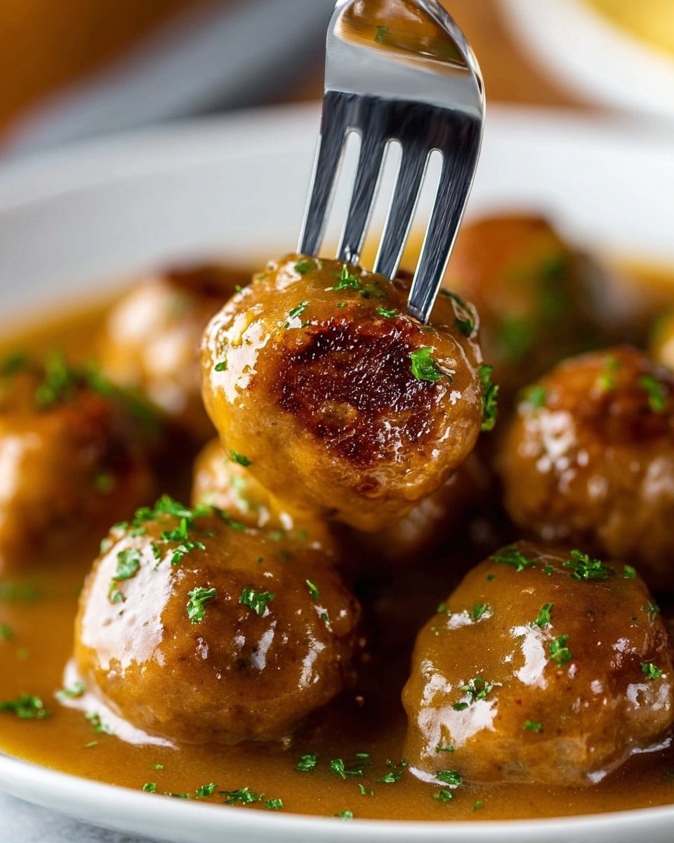 A close-up of a meatball held by a shiny silver fork, showing a golden-brown exterior with a slightly crispy texture. The meatball is coated in smooth, glossy brown gravy with a few green herb sprinkles scattered on top and around in the sauce. Several more meatballs with the same rich brown gravy and green herbs fill the white plate beneath, which rests on a white marbled surface. photo taken with an iphone --ar 4:5 --v 7