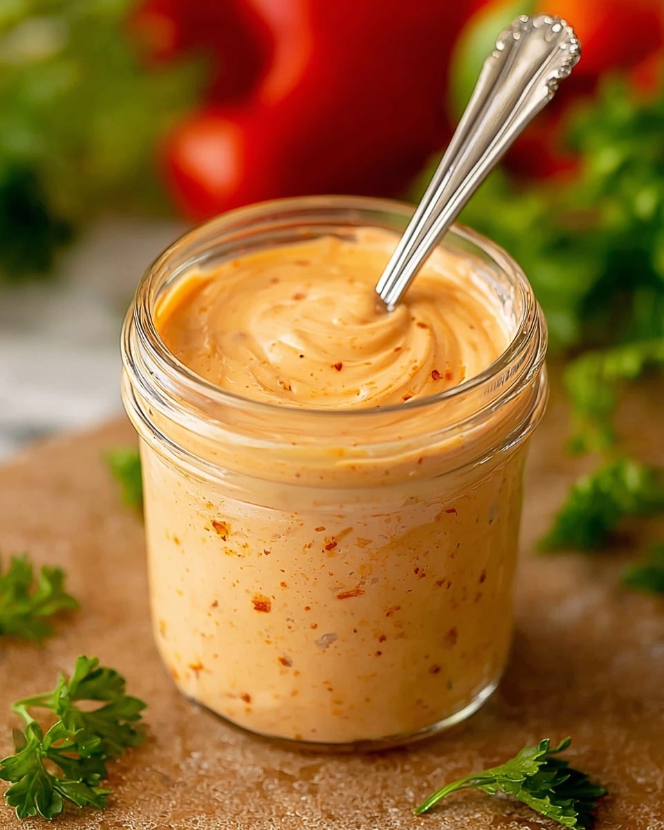 A clear glass jar filled with a creamy, light orange sauce speckled with small spices or herbs throughout. The sauce has a smooth, thick texture with slight swirls visible on the top surface, and a silver spoon is dipped inside the jar, resting against the edge. The jar is placed on a brownish textured surface with green parsley sprigs scattered around its base, and blurred red and green vegetables in the soft background, all on a white marbled texture. Photo taken with an iphone --ar 4:5 --v 7