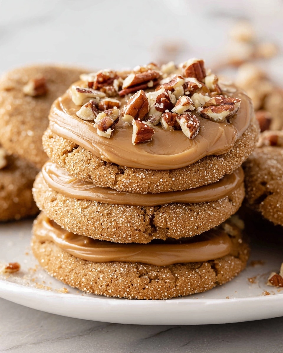 The image shows a close-up of three brown sugar cookies stacked on a white plate with a white marbled surface in the background. The bottom cookie has a rough sugar-crusted texture. The middle cookie is topped with a thick layer of smooth, light brown caramel spread. The top cookie has a similar caramel layer sprinkled with chopped pecans, giving it a textured and crunchy look. The colors range from light golden brown for the cookies, creamy caramel brown for the spread, and a mix of light and dark brown for the pecans. photo taken with an iphone --ar 4:5 --v 7