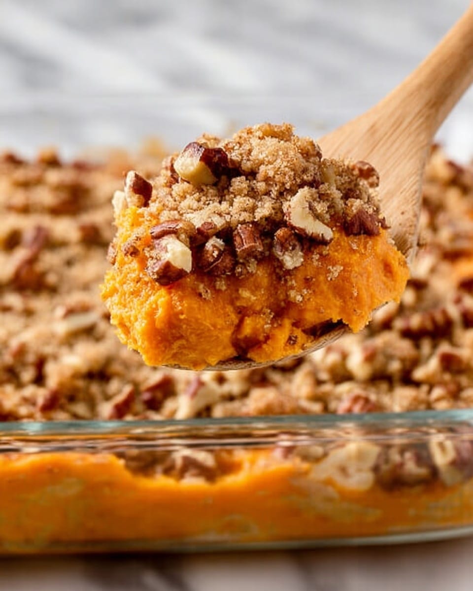 The image shows a wooden spoon lifting a single scoop of bright orange, creamy sweet potato casserole topped with a chunky, crumbly brown nut and sugar topping. The topping has pieces of chopped nuts and crunchy bits scattered unevenly over the smooth sweet potato layer. Below, you can see more of the casserole in a clear glass dish with the same orange layer and nut topping spread evenly. The background is a white marbled texture. Photo taken with an iphone --ar 4:5 --v 7