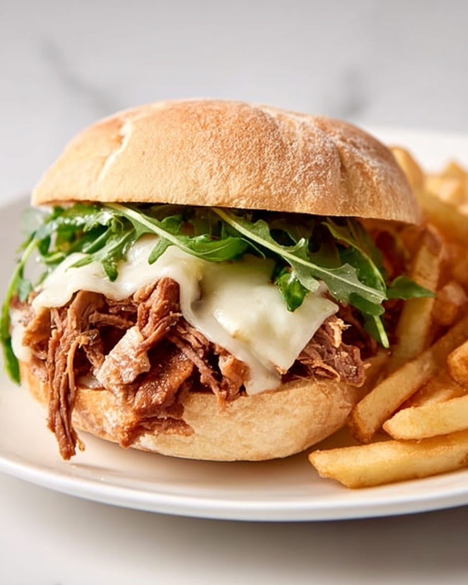 A close-up of a sandwich on a white plate with fries on the side, placed on a white marbled surface. The sandwich has three main layers: the bottom layer is a soft, light brown sandwich bun with a slightly cracked surface, topped with a generous amount of shredded, tender-looking brown meat. Above the meat is a layer of fresh, bright green arugula leaves, adding a vibrant color and a leafy texture. The top layer shows melted white cheese draped over the arugula and meat, slightly oozing down the sides. The sandwich is topped with the upper soft bun, similar in color and texture to the bottom. On the right side of the plate, golden brown crispy fries with a light texture are neatly placed. Photo taken with an iphone --ar 4:5 --v 7