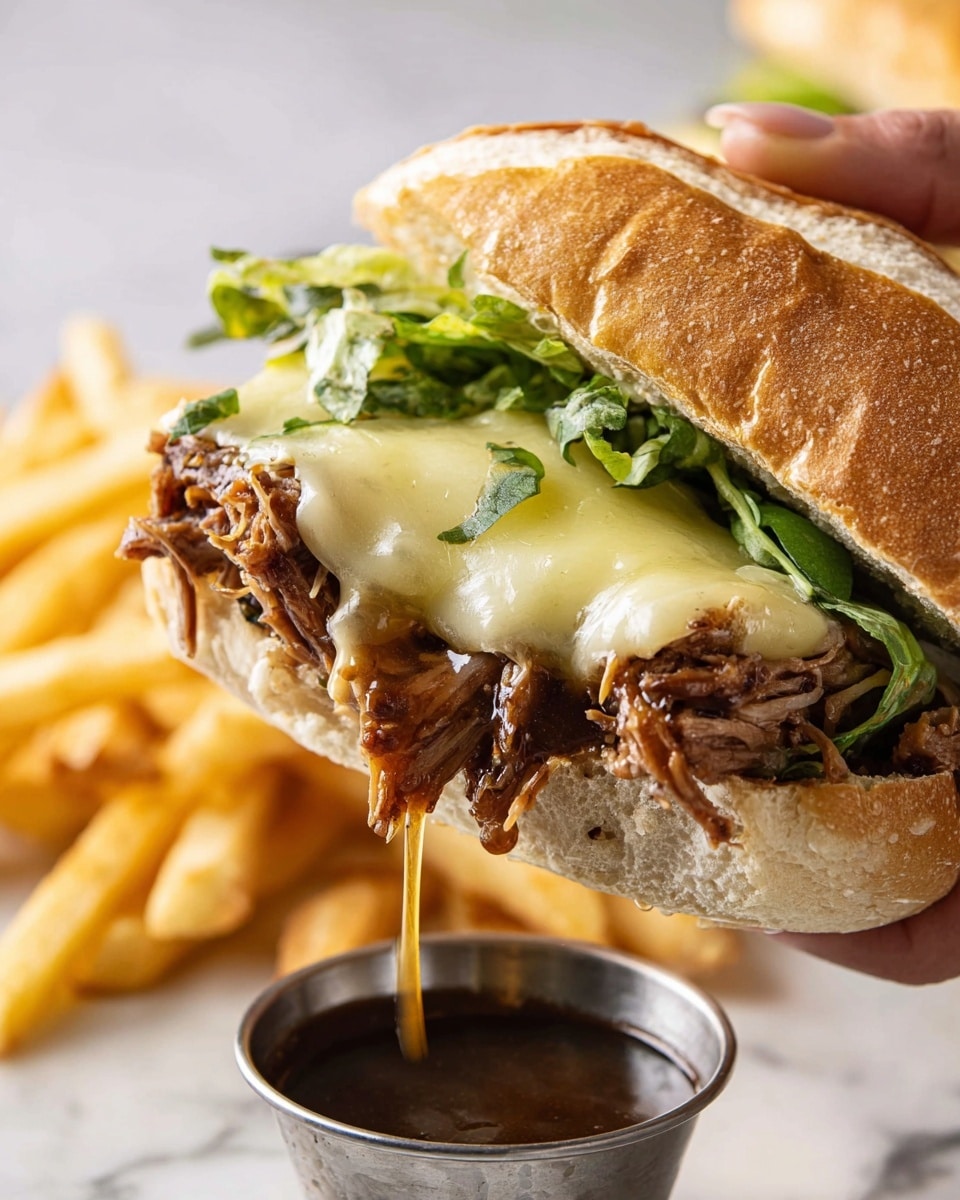 A close-up view of a sandwich held by a woman's hand, showing three main layers: the bottom soft, light brown bun with shredded, juicy, dark brown pulled meat piled on top, covered by a melted pale yellow cheese slice that stretches slightly over the meat, and fresh green lettuce leaves placed above the cheese. A drop of sauce drips from the sandwich into a small metal cup filled with dark brown sauce below, all set on a white marbled surface with blurry golden French fries in the background. Photo taken with an iphone --ar 4:5 --v 7
