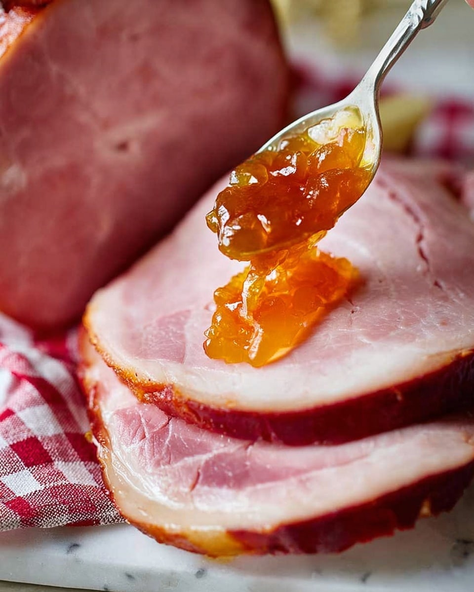 The image shows three slices of ham with a dark reddish outer edge and a soft pink inside, stacked slightly overlapping on a white marbled surface. A woman's hand is holding a spoon filled with a thick, glossy amber-colored sauce or jelly, gently dripping it onto the top slice of ham. A cloth with a red and white checkered pattern is partly visible below the ham slices. The focus is very close up, capturing the smooth and moist texture of the ham and the shiny, slightly chunky texture of the sauce. Photo taken with an iphone --ar 4:5 --v 7