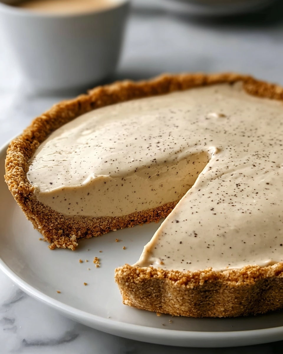 A pie with two layers on a white plate set on a white marbled surface; the bottom layer is a crumbly, light brown crust with a rough texture, while the top layer is a smooth, creamy beige filling speckled with tiny dark dots, spread evenly and thick, about an inch high, with one slice removed showing the sharp edge of the filling and the crust, and a blurred cup in the background. photo taken with an iphone --ar 4:5 --v 7