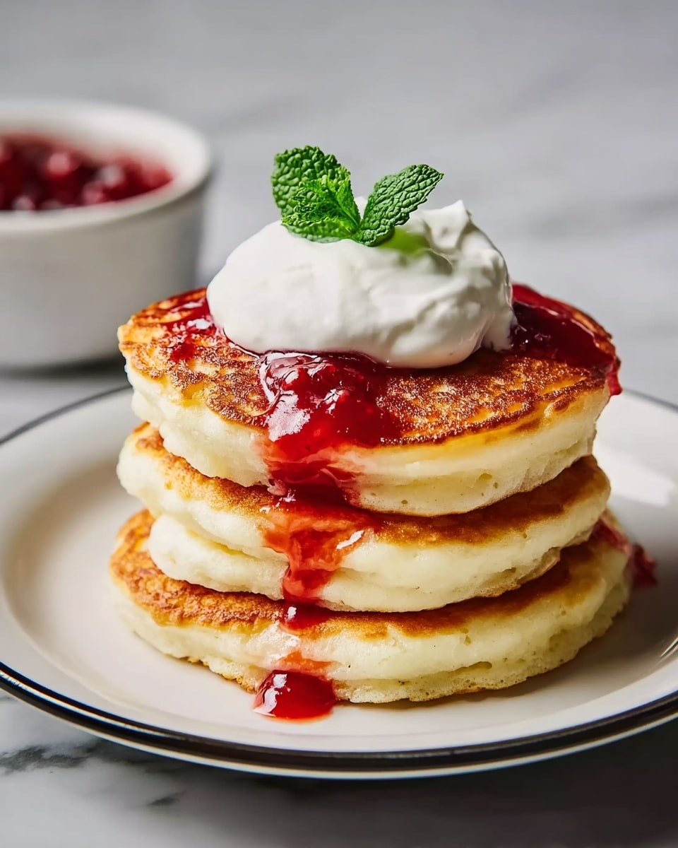 A stack of three thick, golden brown pancakes sits centered on a white plate with a thin black rim, placed on a white marbled surface. The pancakes have a light, fluffy texture with slightly crispy edges. On top of the stack, there is a dollop of smooth white cream, crowned with a fresh green mint leaf. Red berry sauce is artfully dripping down from the top pancake to the plate below. In the background, slightly out of focus, there is a small white bowl filled with more red berry sauce. photo taken with an iphone --ar 4:5 --v 7