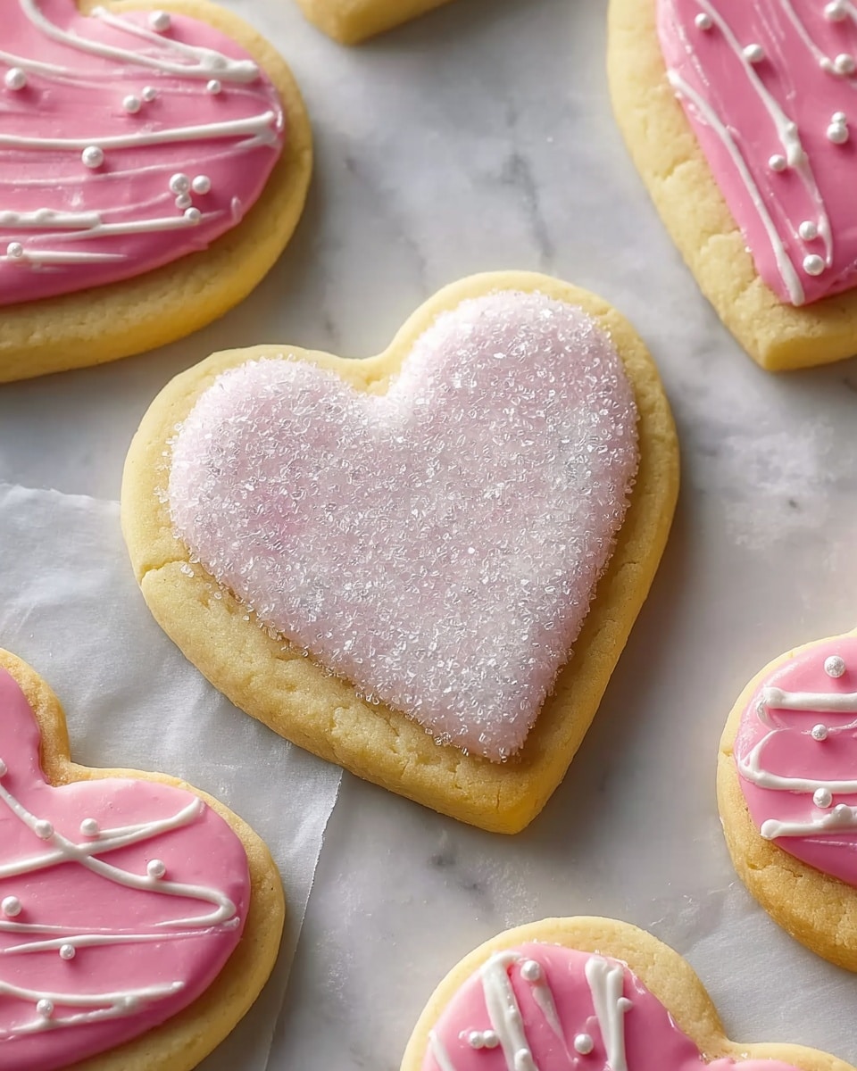 Several heart-shaped cookies sit on crumpled white paper over a white marbled surface. Each cookie has two layers: the base is a light brown baked cookie, topped with a decorated heart-shaped icing layer. Most cookies have a bright pink icing layer with intricate lace-like patterns and flower shapes, giving a textured look. One cookie in the center stands out with a white icing border filled with clear sugar crystals that glisten. The cookies’ edges are slightly browned, showing a crisp texture, and the icing appears smooth and thick. photo taken with an iphone --ar 4:5 --v 7