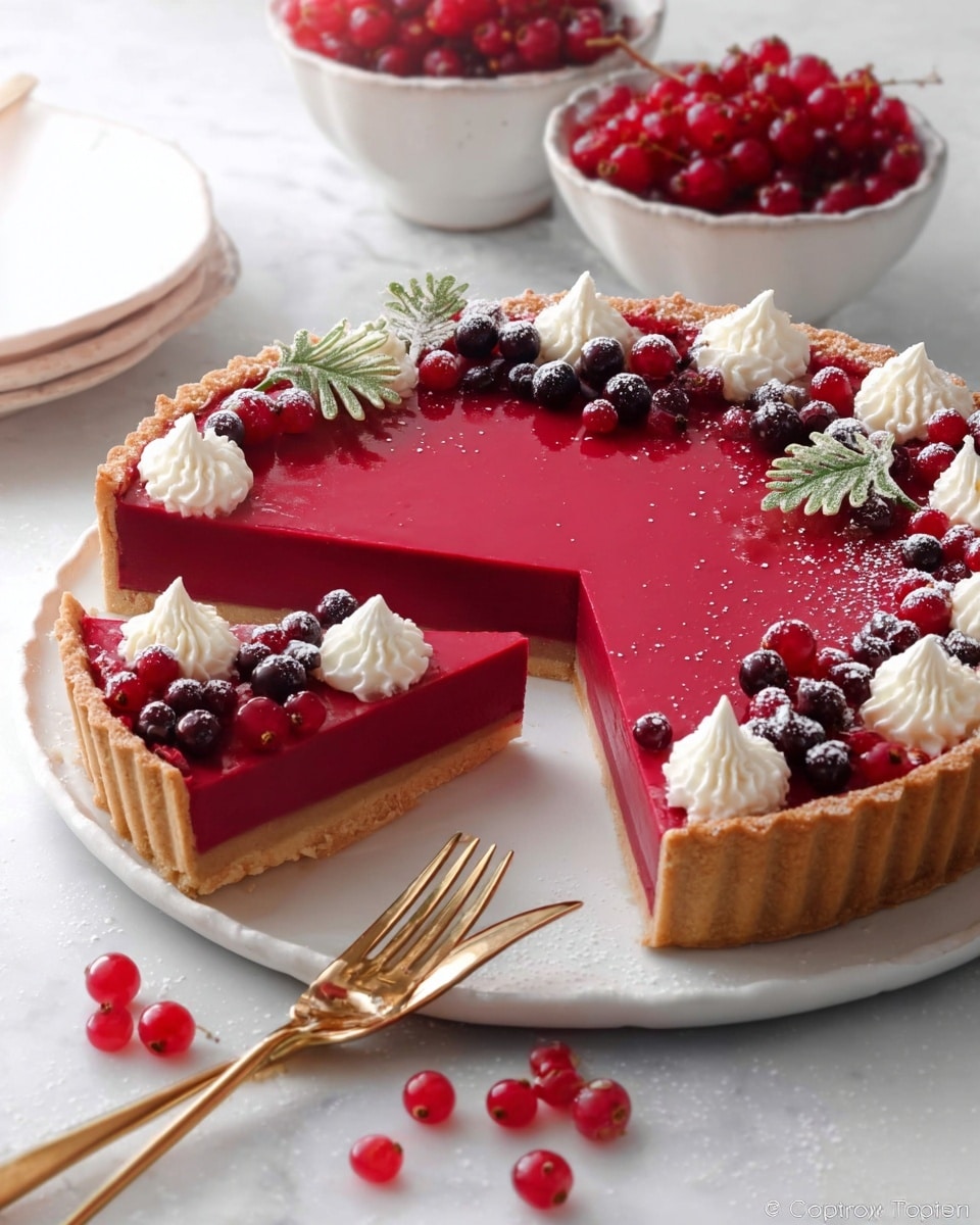 The image shows a deep red tart with two visible layers, a smooth vibrant red filling sitting on a thin beige crust, all held in a flaky light brown pie crust with crimped edges. On top, there are small white cream swirls evenly spaced, glossy red currants, dark sugared berries, and small green frosted leaves for decoration. A slice is cut from the tart, showing the smooth inside and revealing the crust's thickness. Around the tart are scattered red currants and two gold forks resting on a white plate near the cut slice. In the background, two white bowls filled with red currants sit on a white marbled table. photo taken with an iphone --ar 4:5 --v 7