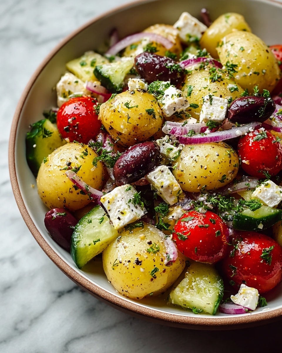 A close-up view of a potato salad served in a white bowl, filled with several layers of food including light yellow baby potatoes that are smooth and slightly shiny, bright red halved cherry tomatoes, deep purple Kalamata olives, and small chunks of white feta cheese. These ingredients are mixed with sliced light purple red onions and small green cucumber pieces. The salad is sprinkled with finely chopped fresh green herbs and black pepper, adding texture and color contrast. The bowl sits on a white marbled surface. photo taken with an iphone --ar 4:5 --v 7