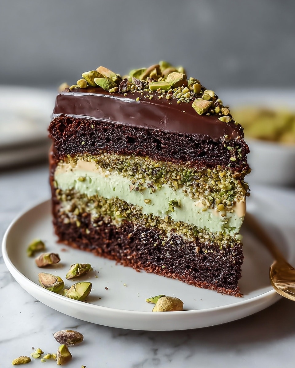 A slice of cake with three main layers sits on a white plate on a white marbled surface. The bottom and top layers are dark chocolate cake, looking moist and slightly crumbly. In the middle, there is a thick layer of pale green pistachio cream, smooth and soft. Between the cream and chocolate cake layers on both sides, there is a layer of crushed pistachios adding texture and a greenish-brown color. The top of the cake is covered with a shiny, rich dark chocolate glaze, sprinkled with more chopped pistachios. Some pistachio pieces are scattered around the plate, adding a natural touch. Photo taken with an iphone --ar 4:5 --v 7