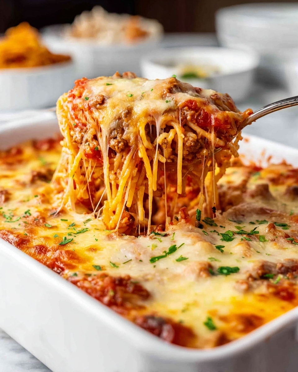 A white rectangular baking dish filled with baked spaghetti, showing three visible layers: at the bottom, a thick layer of cooked spaghetti with tomato sauce mixed with ground meat and diced tomatoes, in the middle the spaghetti continues covered by melted cheese bubbling and browned slightly on top, sprinkled lightly with green herbs. A spoon is lifting a thick scoop of the spaghetti layers, pulling up strings of melted cheese, with the white marbled surface beneath the dish. In the background, blurred white bowls with food can be seen. Photo taken with an iphone --ar 4:5 --v 7