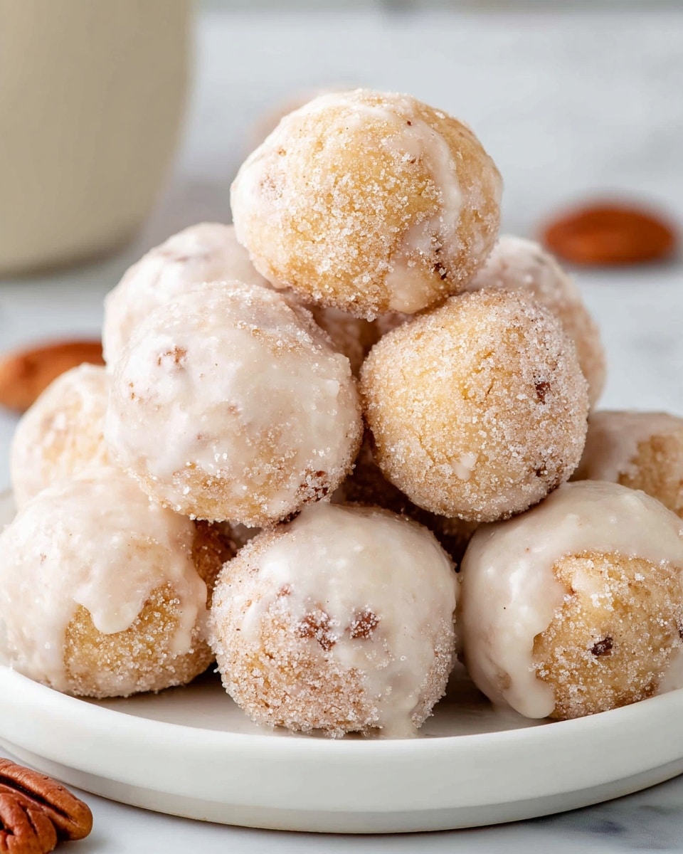 A stack of round dessert balls piled on a white plate with a smooth edge, placed on a white marbled surface. The balls have two main coatings: some are light golden with a rough, sugary texture, while others are covered in a light white glaze that appears slightly cracked and shiny. The balls are stacked in layers of about three or four, closely packed together, showing a mix of textures and colors, with a few pecans visible near the edges of the image. photo taken with an iphone --ar 4:5 --v 7