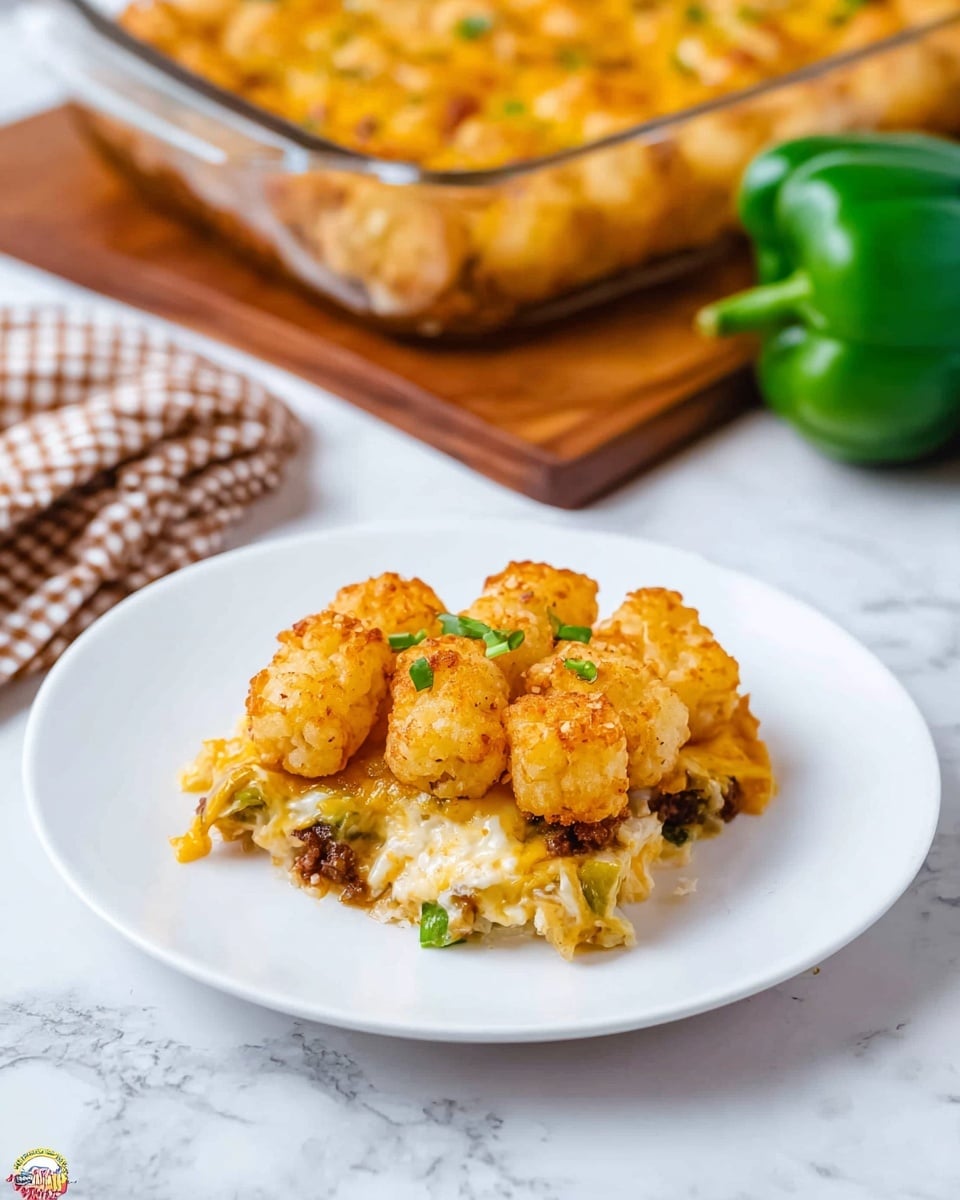 A white plate holds a layered dish with a golden-brown top layer made of crispy tater tots, some sprinkled with small bits of green herbs. Below the tater tots is a creamy, light yellow layer mixed with melted cheese and bits of vegetables, giving a slightly chunky texture. At the bottom, there are dark, small pieces of ground beef visible through the cheese. The plate is set on a white marbled surface, with a glass baking dish filled with more of the same dish in the background resting on a wooden cutting board. A whole green bell pepper and a brown and white checkered cloth are also partially visible on the surface. photo taken with an iphone --ar 4:5 --v 7