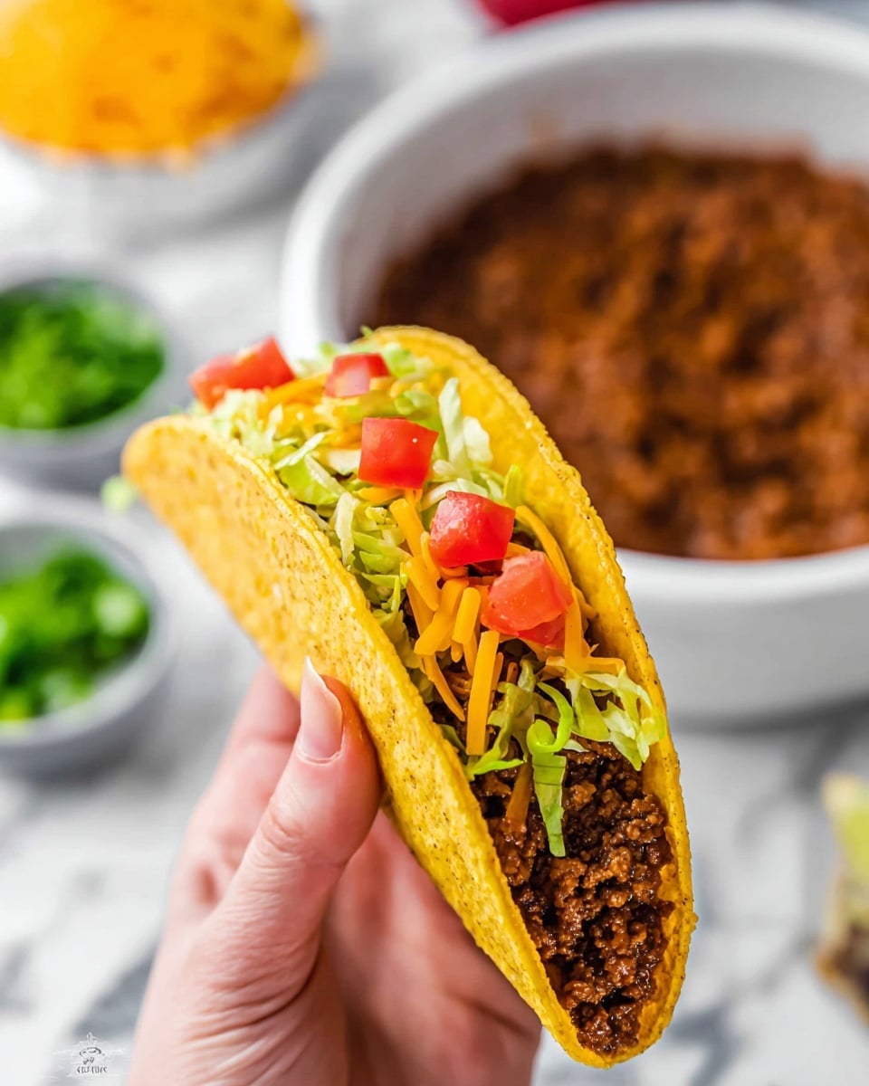 A crisp yellow taco shell held by a woman's hand contains four visible layers: the bottom layer of cooked brown ground beef, topped with shredded bright orange cheddar cheese, then fresh light green shredded lettuce, and finally diced red tomatoes scattered on top; the background features a white bowl filled with more of the brown ground beef mixture and small dishes with green herbs and other ingredients on a white marbled surface photo taken with an iphone --ar 4:5 --v 7
